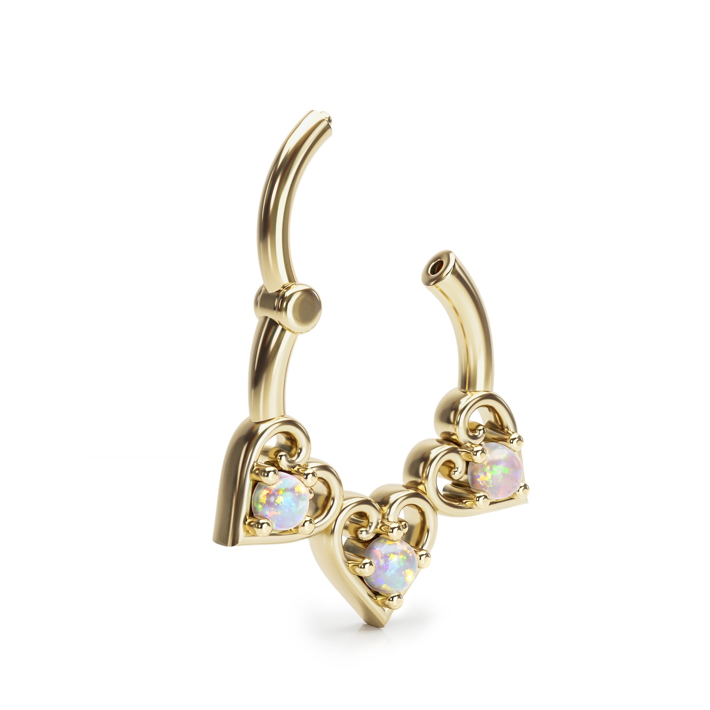 Solid Gold Opal Heart Clicker Hoop