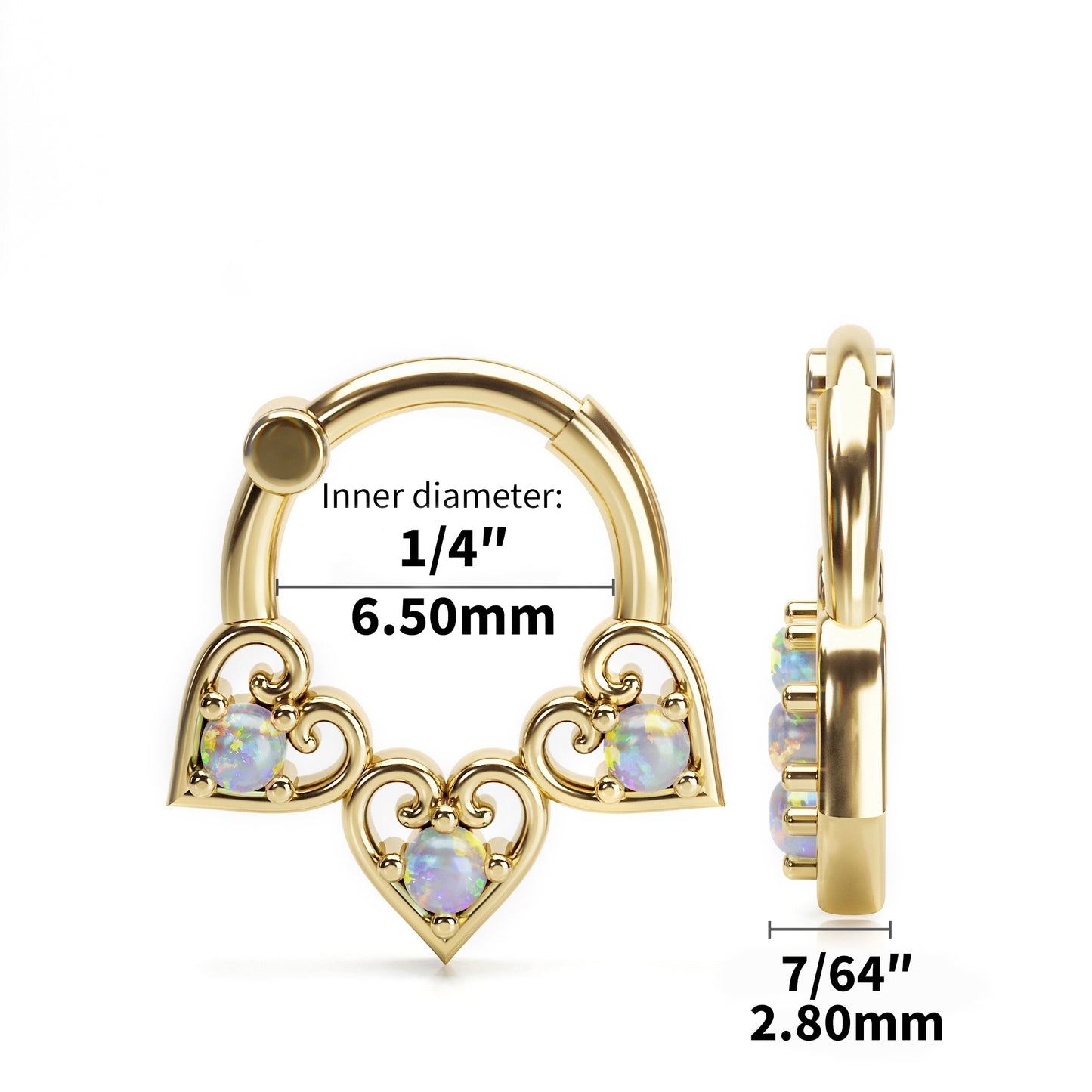 Solid Gold Opal Heart Clicker Hoop