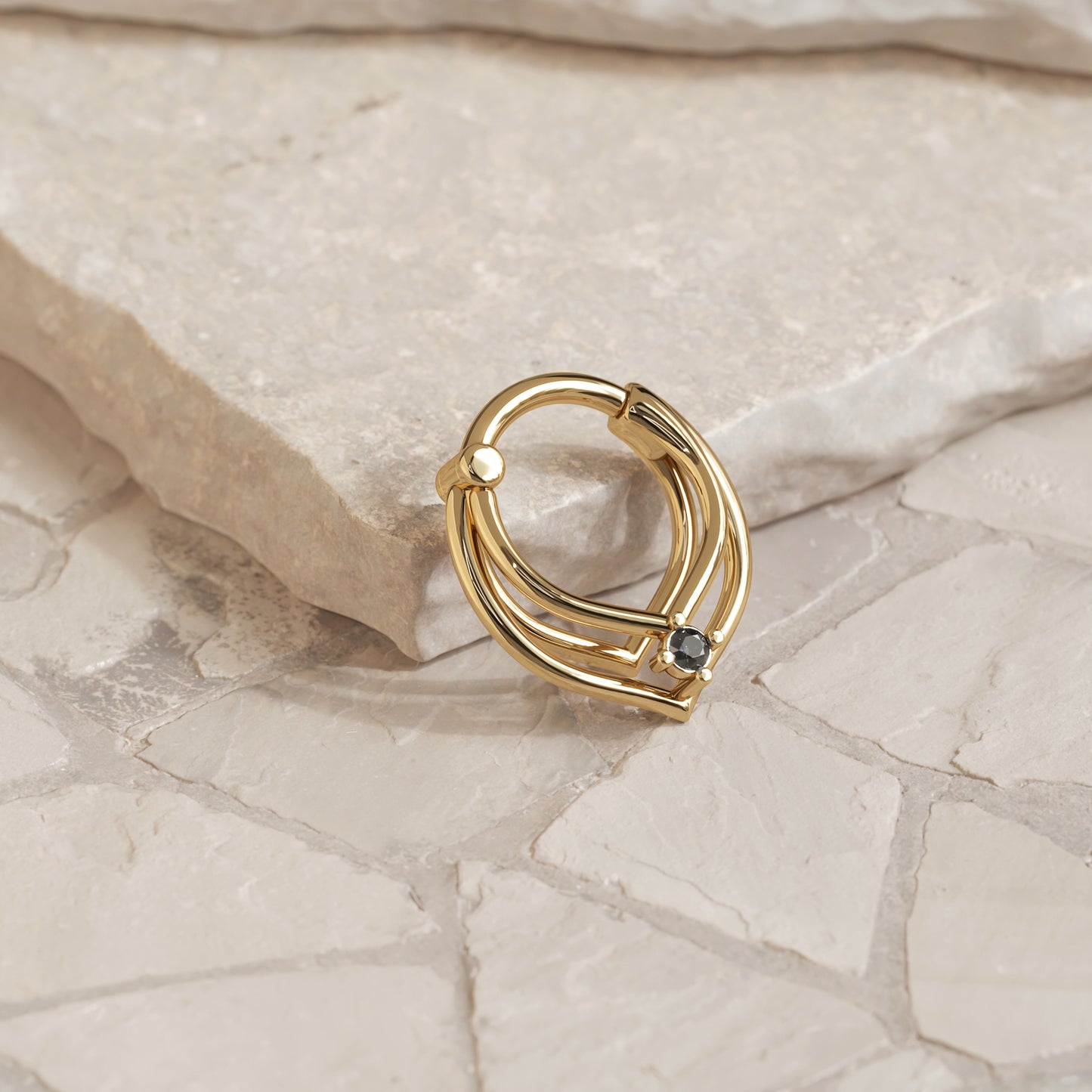 14K Gold Black Diamond Trinity V Shape Clicker Hoop