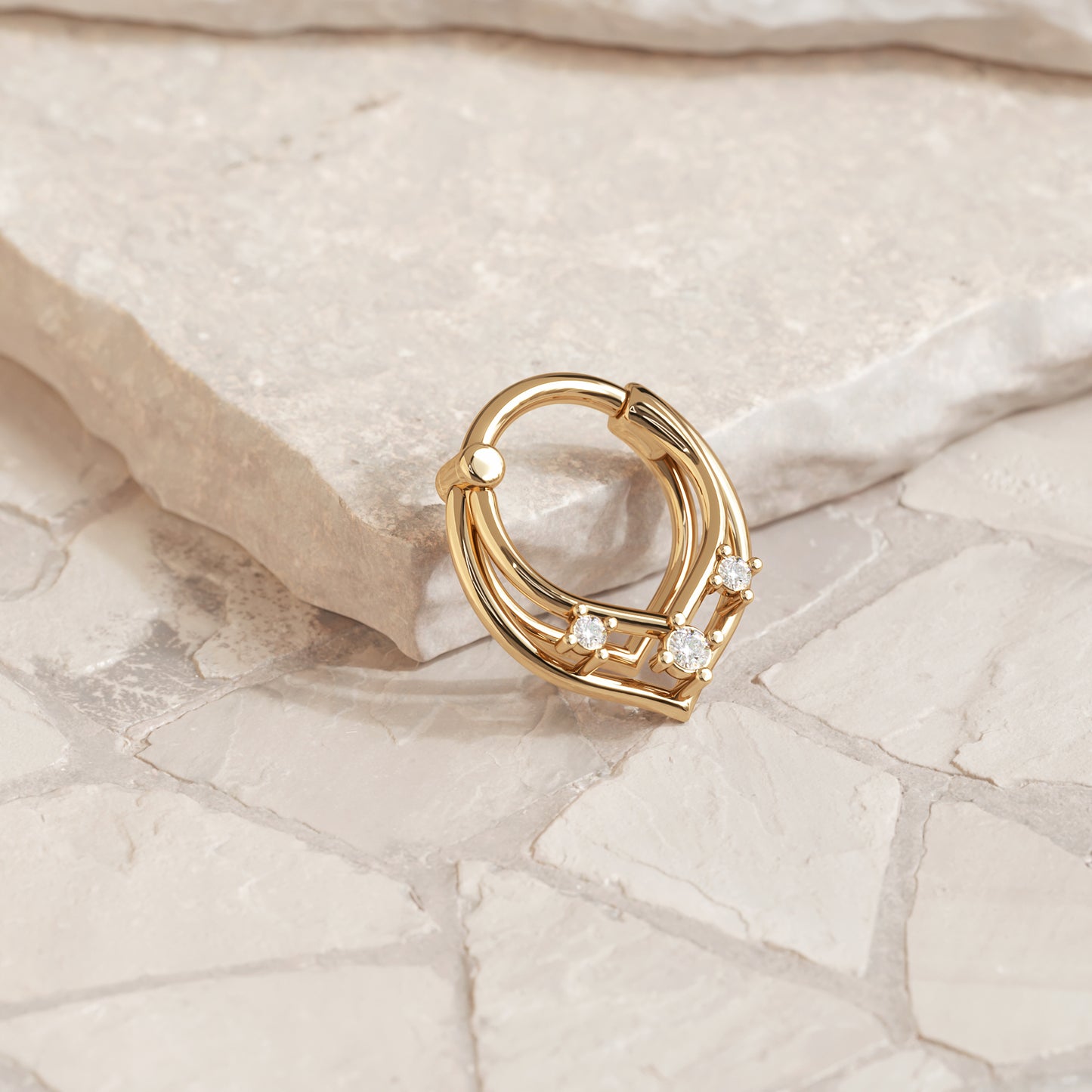 14K Gold Triple Diamond Trinity V Shape Clicker Hoop