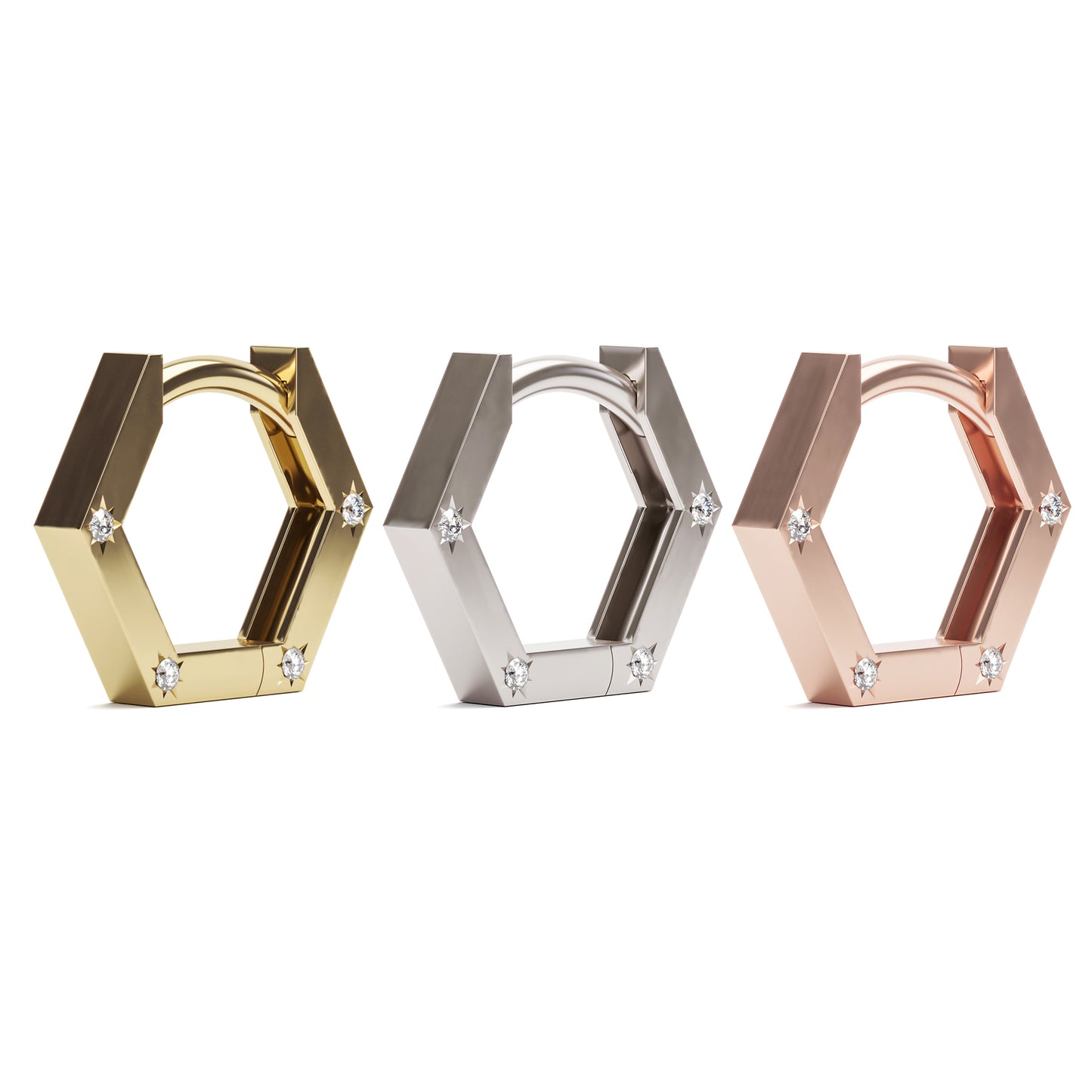 Solid Gold Star Set 4 Diamonds Hexagon Clicker Hoop