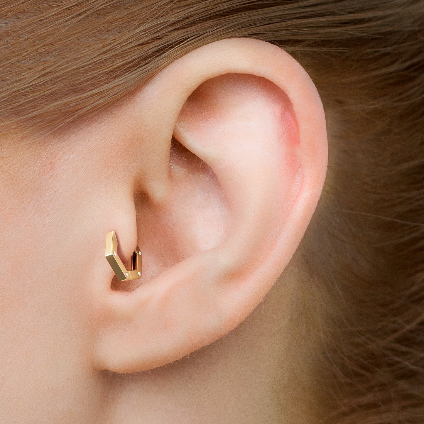 Solid Gold Star Set 4 Diamonds Hexagon Clicker Hoop