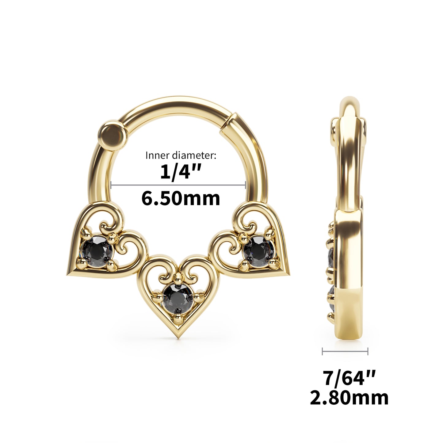 Solid Gold Black Diamond Heart Clicker Hoop