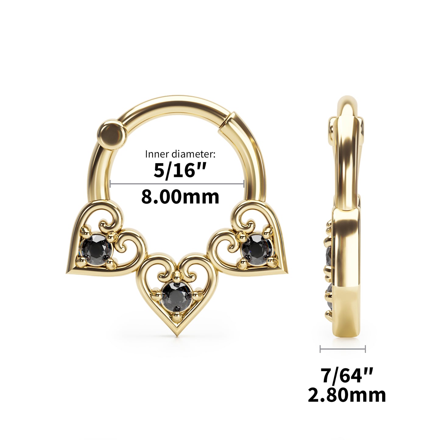Solid Gold Black Diamond Heart Clicker Hoop