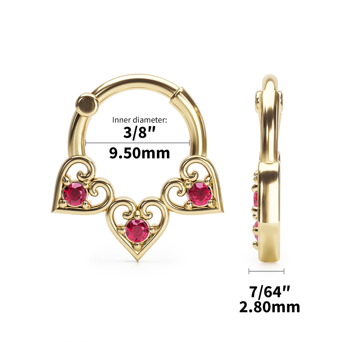 Solid Gold Ruby Heart Clicker Hoop