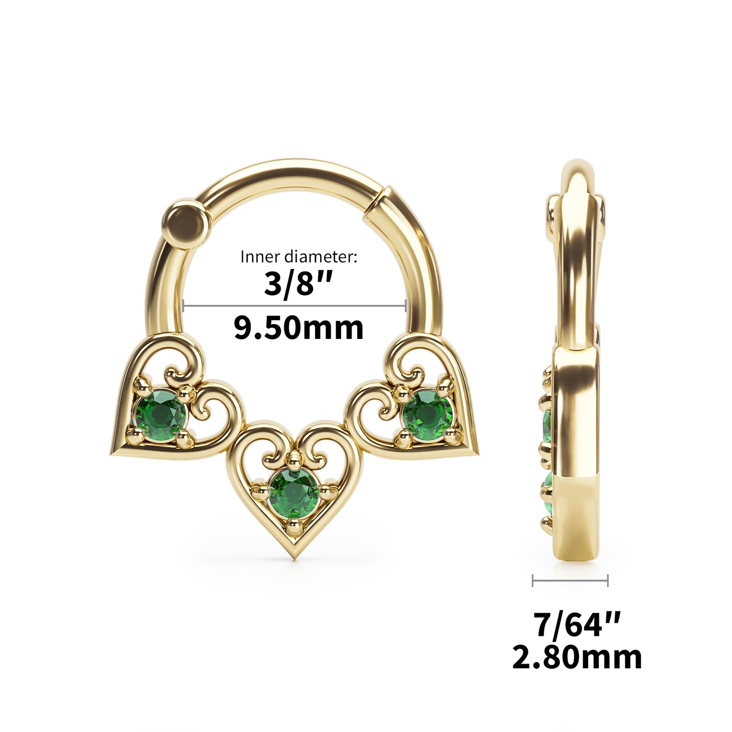 Solid Gold Emerald Heart Clicker Hoop
