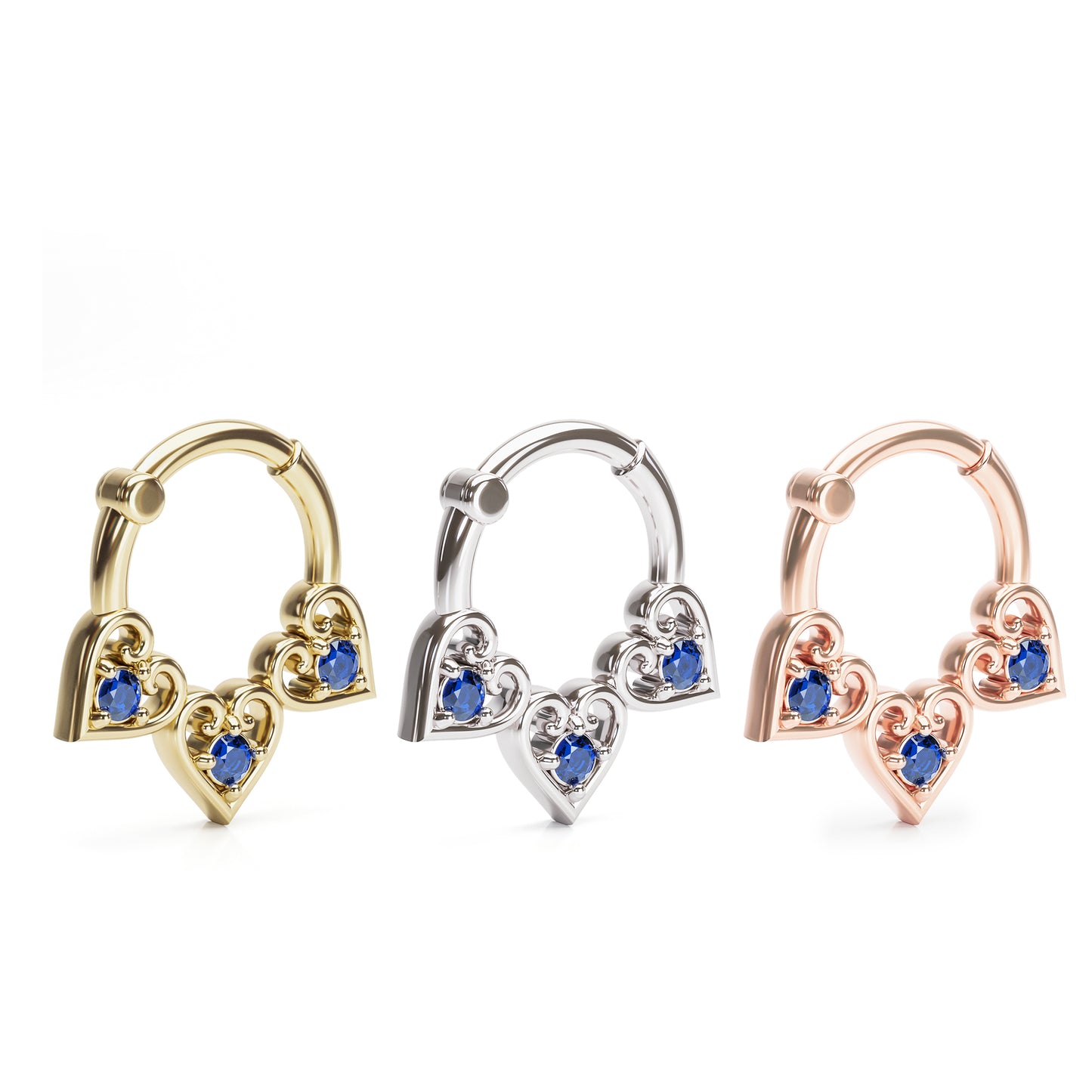 Solid Gold Sapphire Heart Clicker Hoop