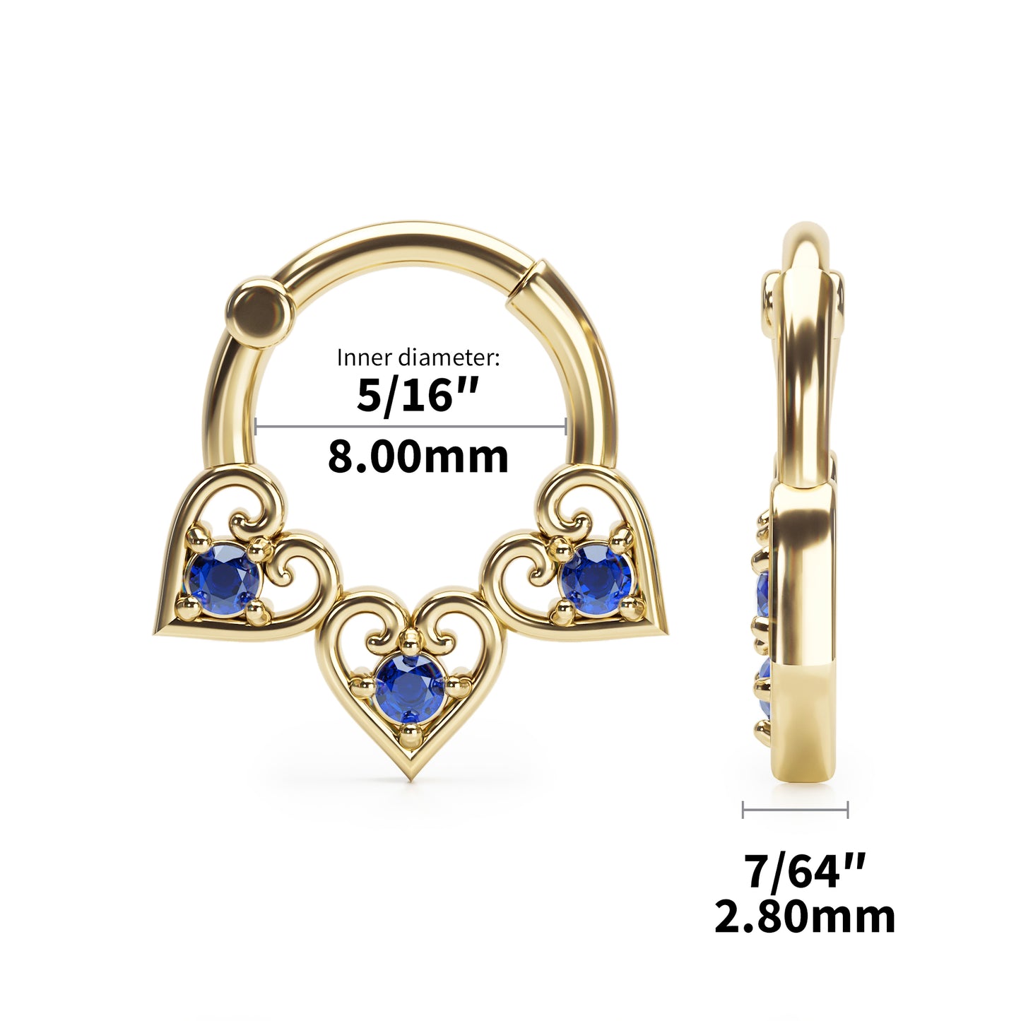 Solid Gold Sapphire Heart Clicker Hoop