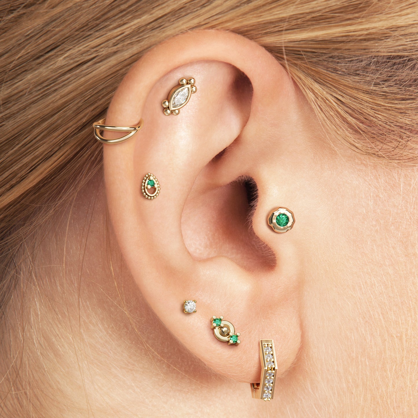 Irregular 14K Gold Emerald Threadless End