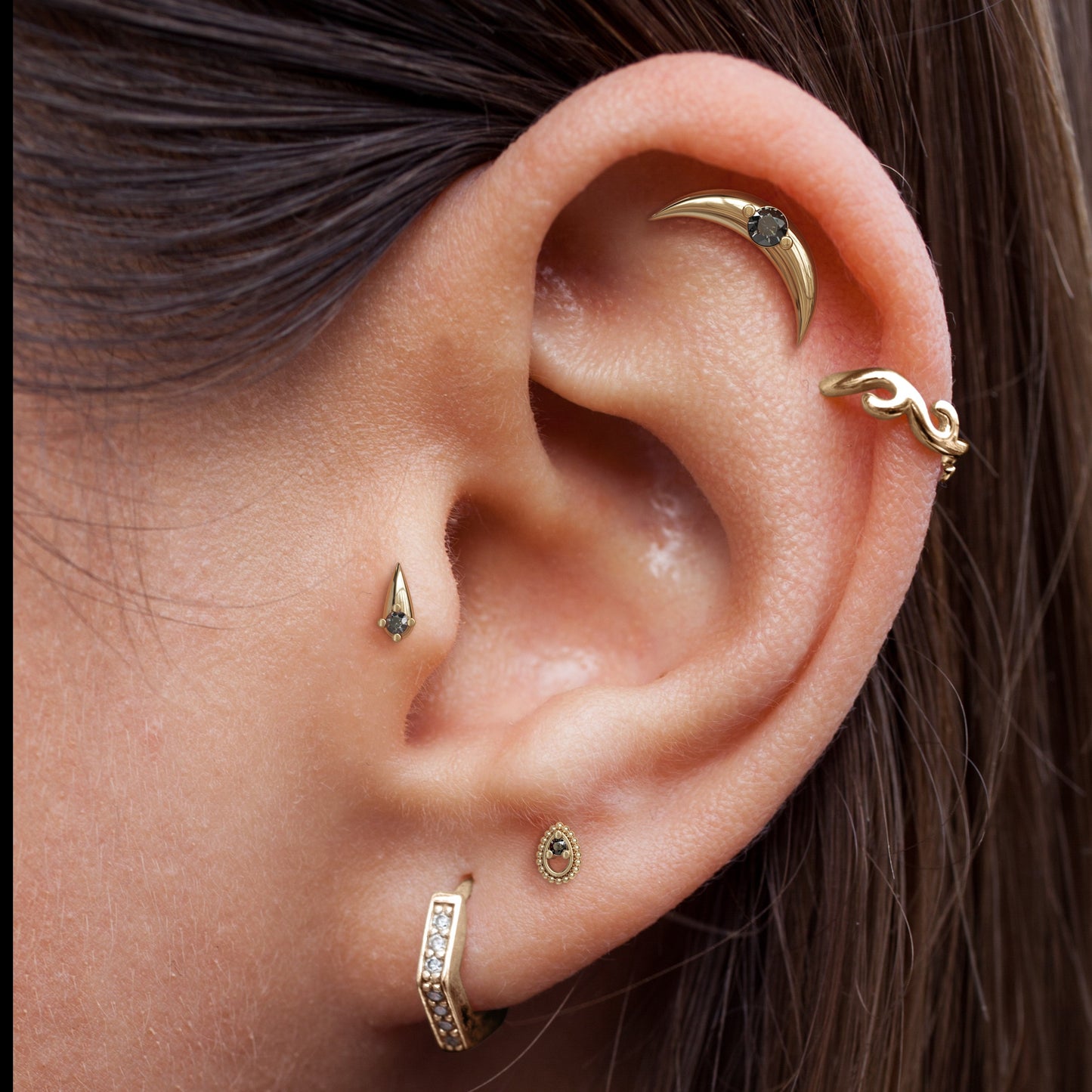 14K Gold Black Diamond Beaded Teardrop Threadless End