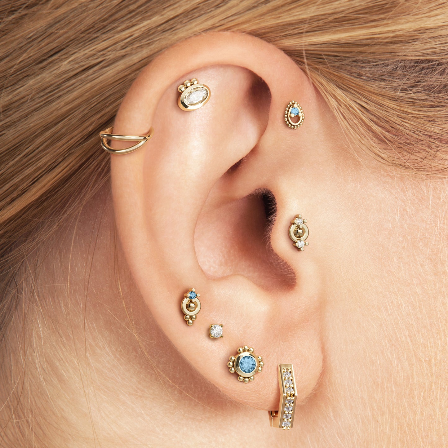 14K Gold Blue Topaz Beaded Teardrop Threadless End