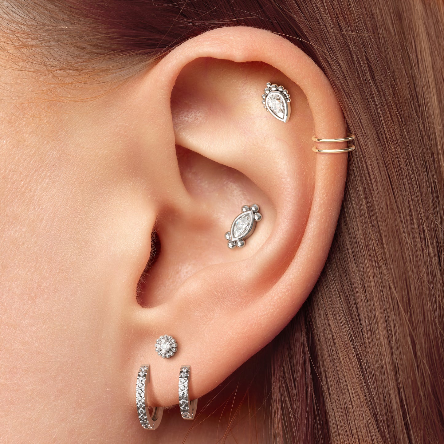 14K Gold Diamond Abstract Floral Threadless End