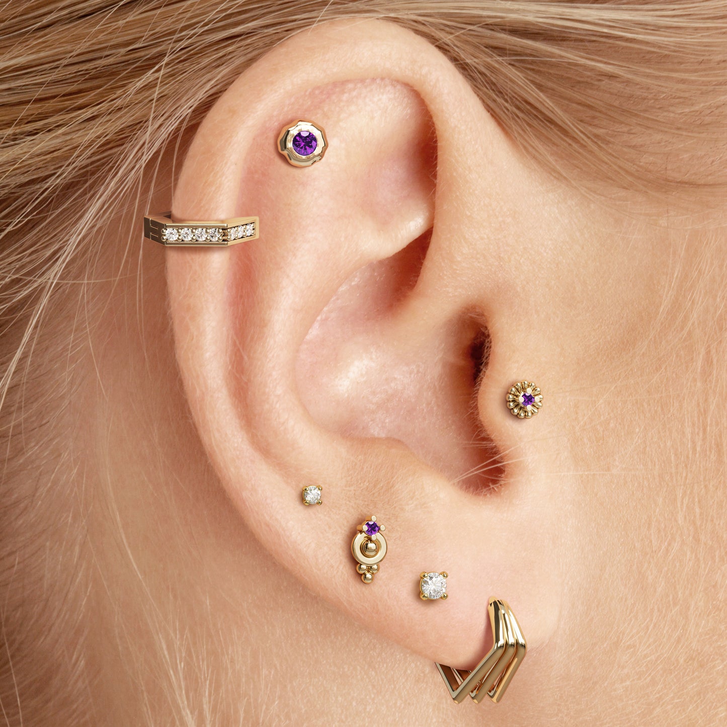 14K Gold Amethyst Abstract Floral Threadless End