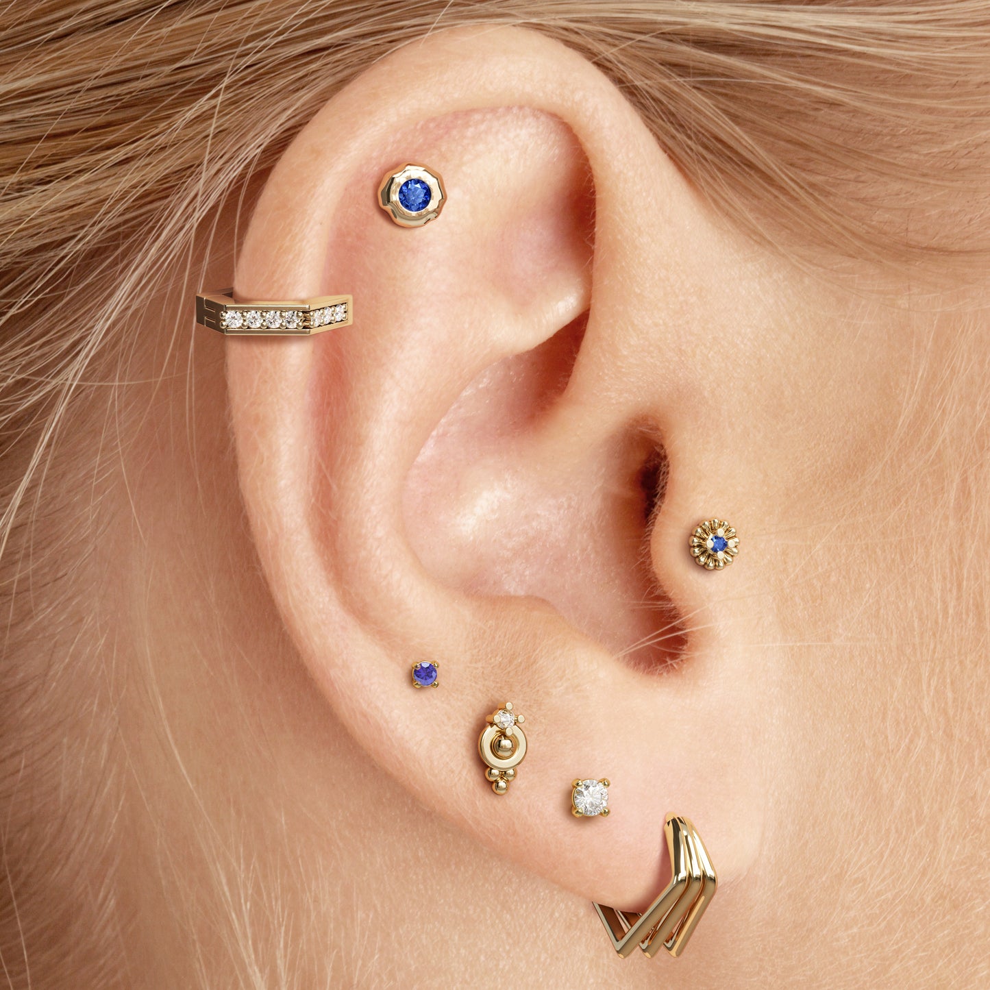 14K Gold Sapphire Abstract Floral Threadless End