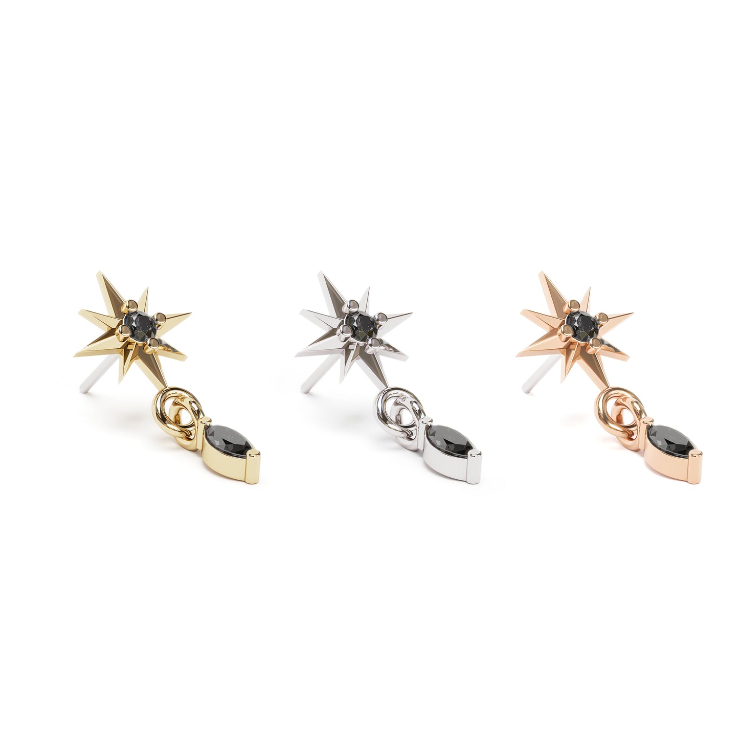 14K Gold Black Marquise Diamond Starburst Dangle Threadless End