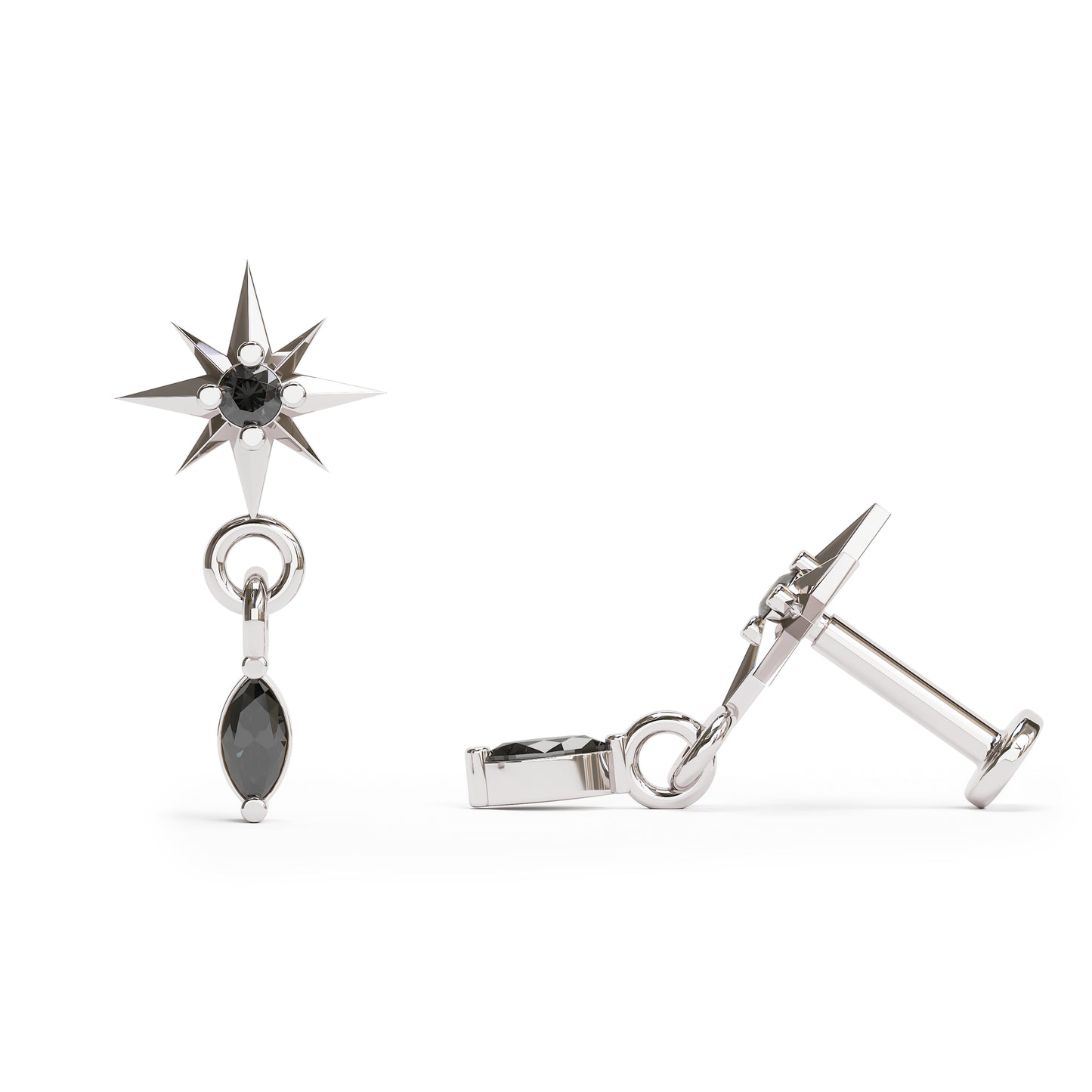 14K Gold Marquise Black Diamond Starburst Dangle Stud
