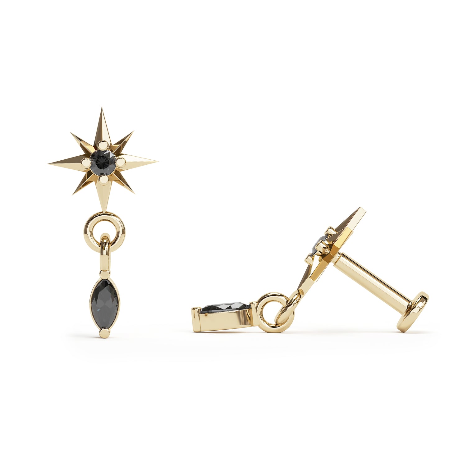 14K Gold Marquise Black Diamond Starburst Dangle Stud