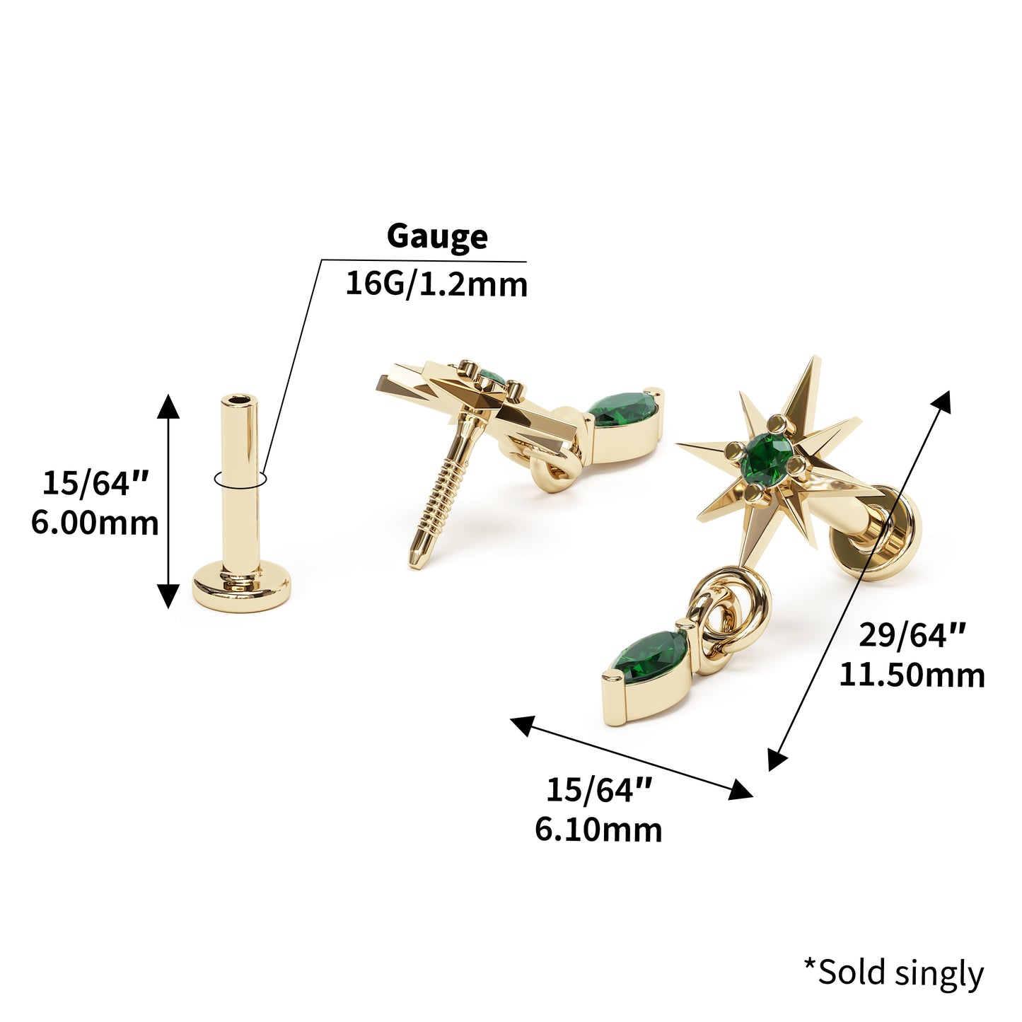 14K Gold Marquise Emerald Starburst Dangle Stud