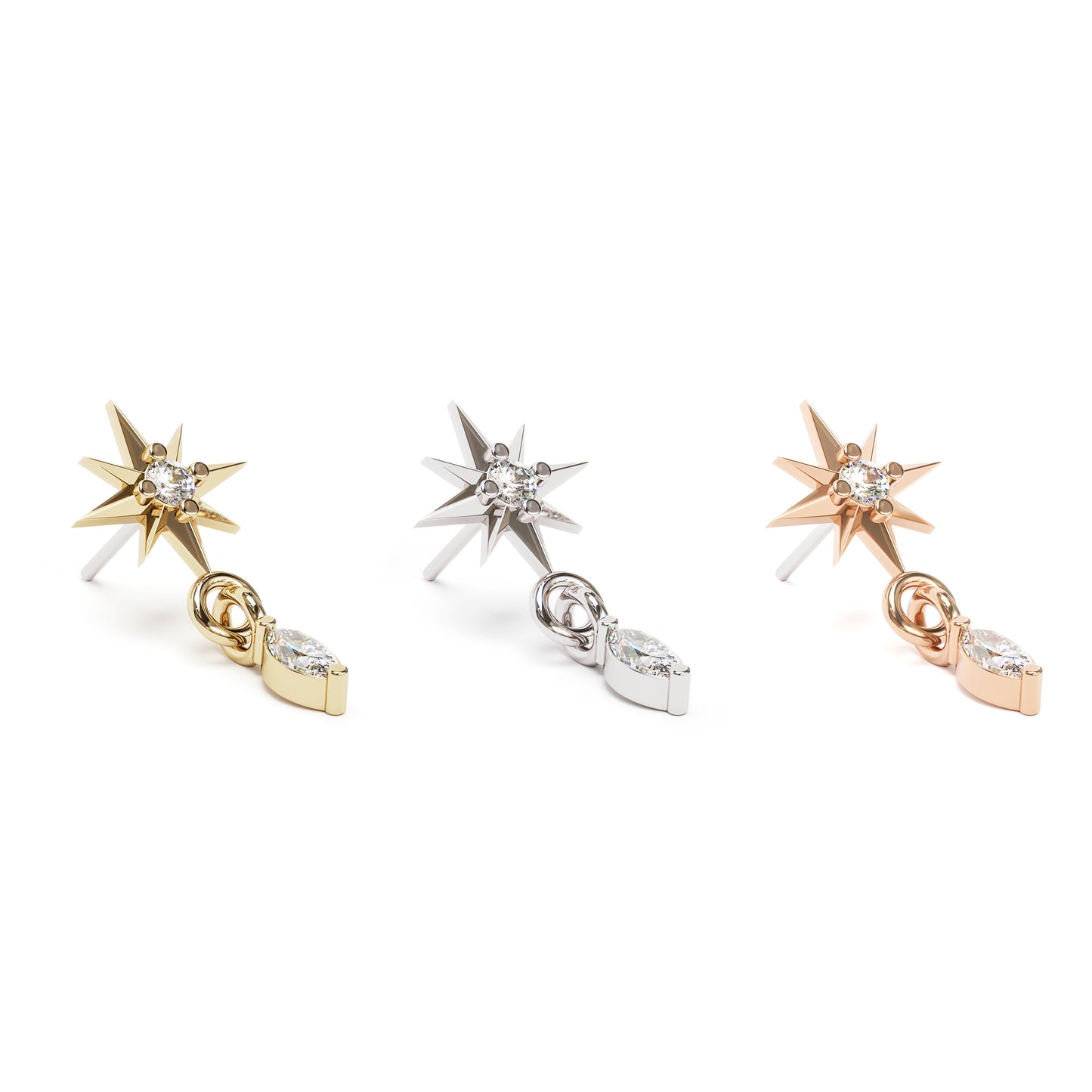 14K Gold Marquise Diamond Starburst Dangle Threadless End
