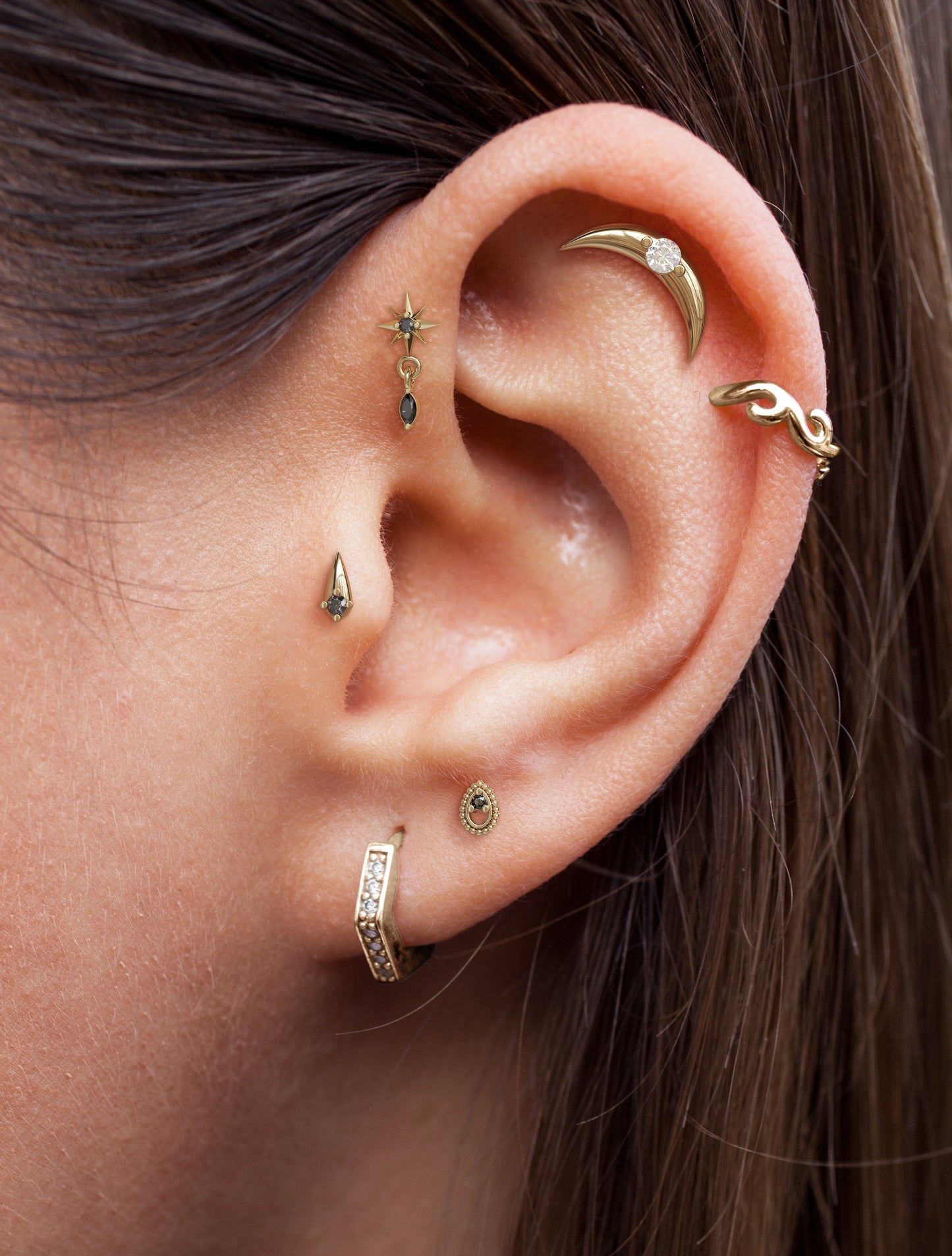 14K Gold Marquise Black Diamond Starburst Dangle Stud