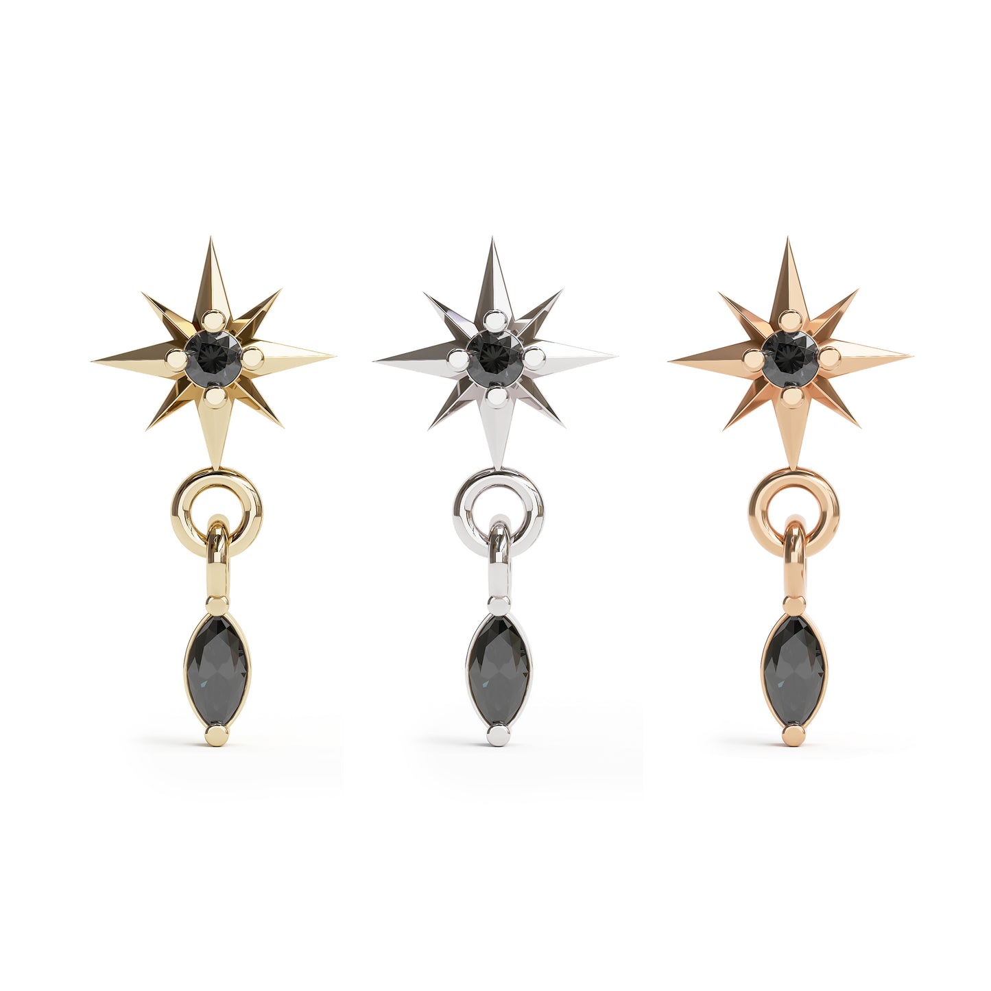 14K Gold Black Marquise Diamond Starburst Dangle Threadless End