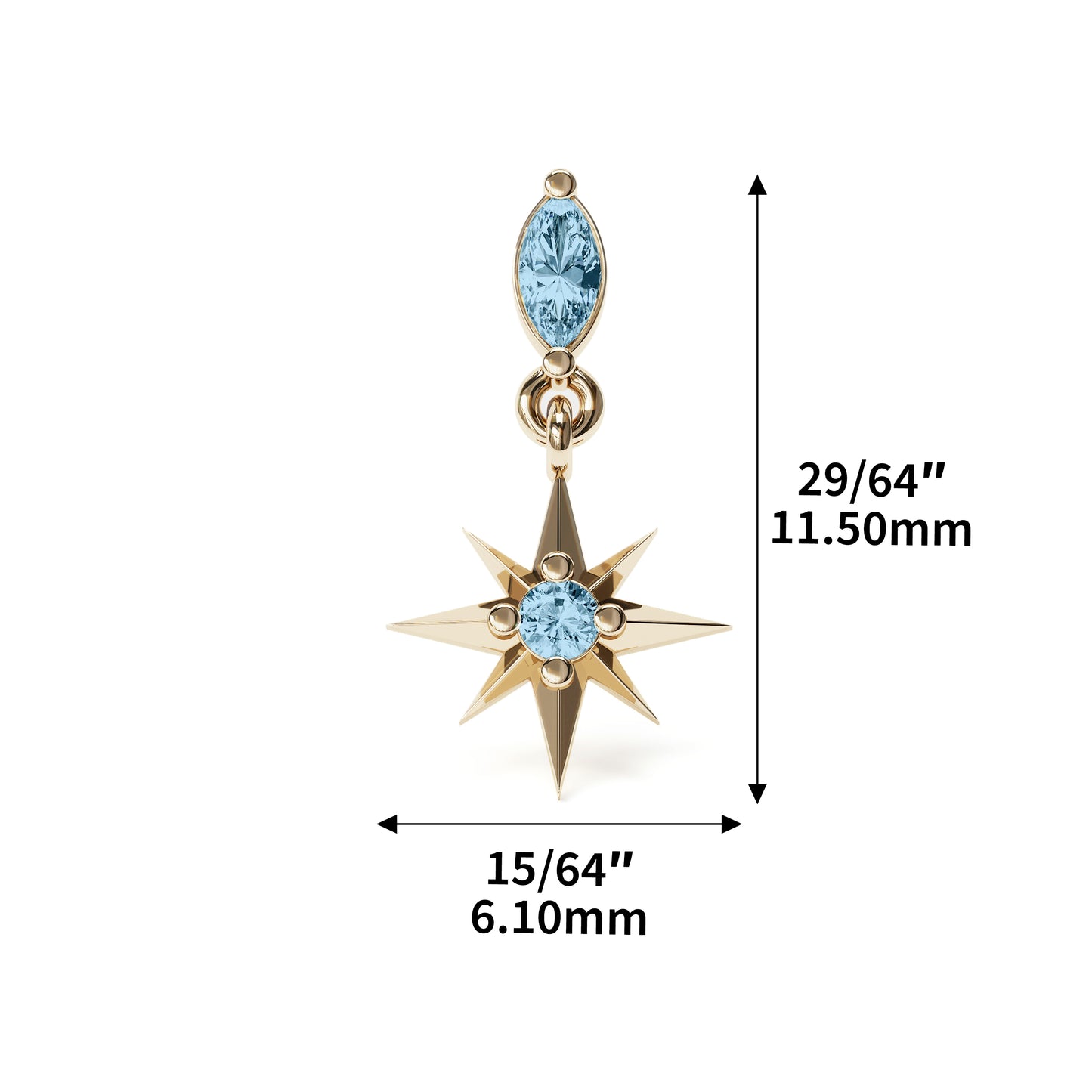 14K Gold Blue Topaz Starburst Dangle Threadless End