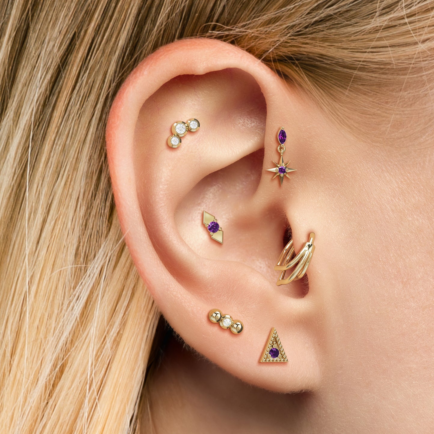 14K Gold Amethyst Starburst Dangle Threadless End