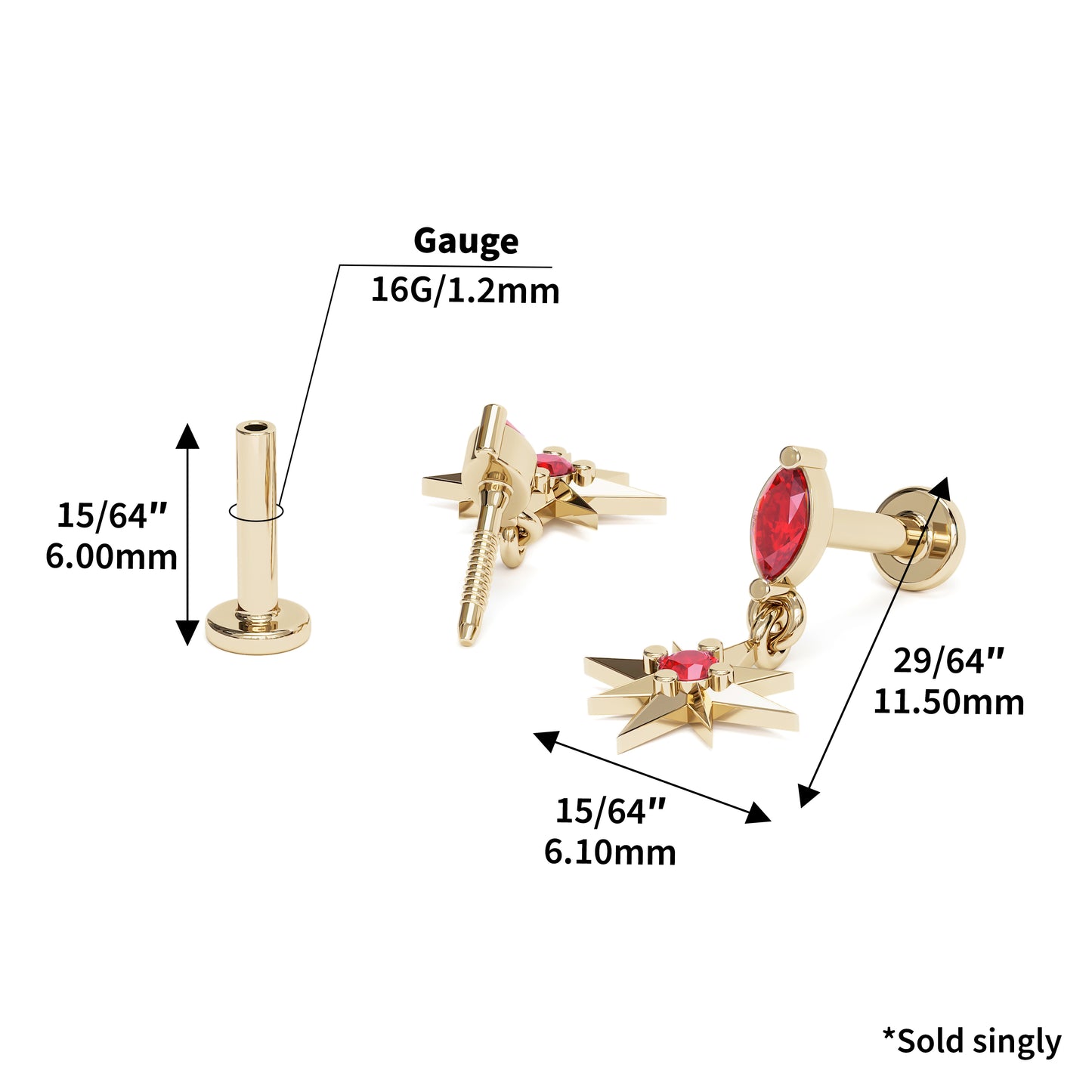14K Gold Ruby Starburst Dangle Stud