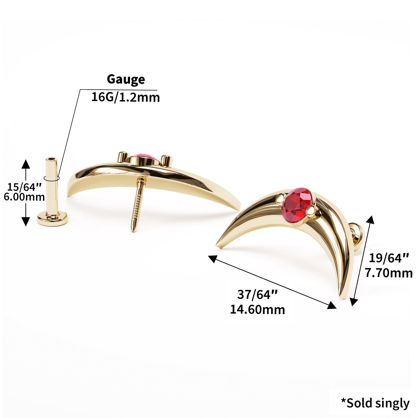 14K Gold Ruby Crescent Moon Stud