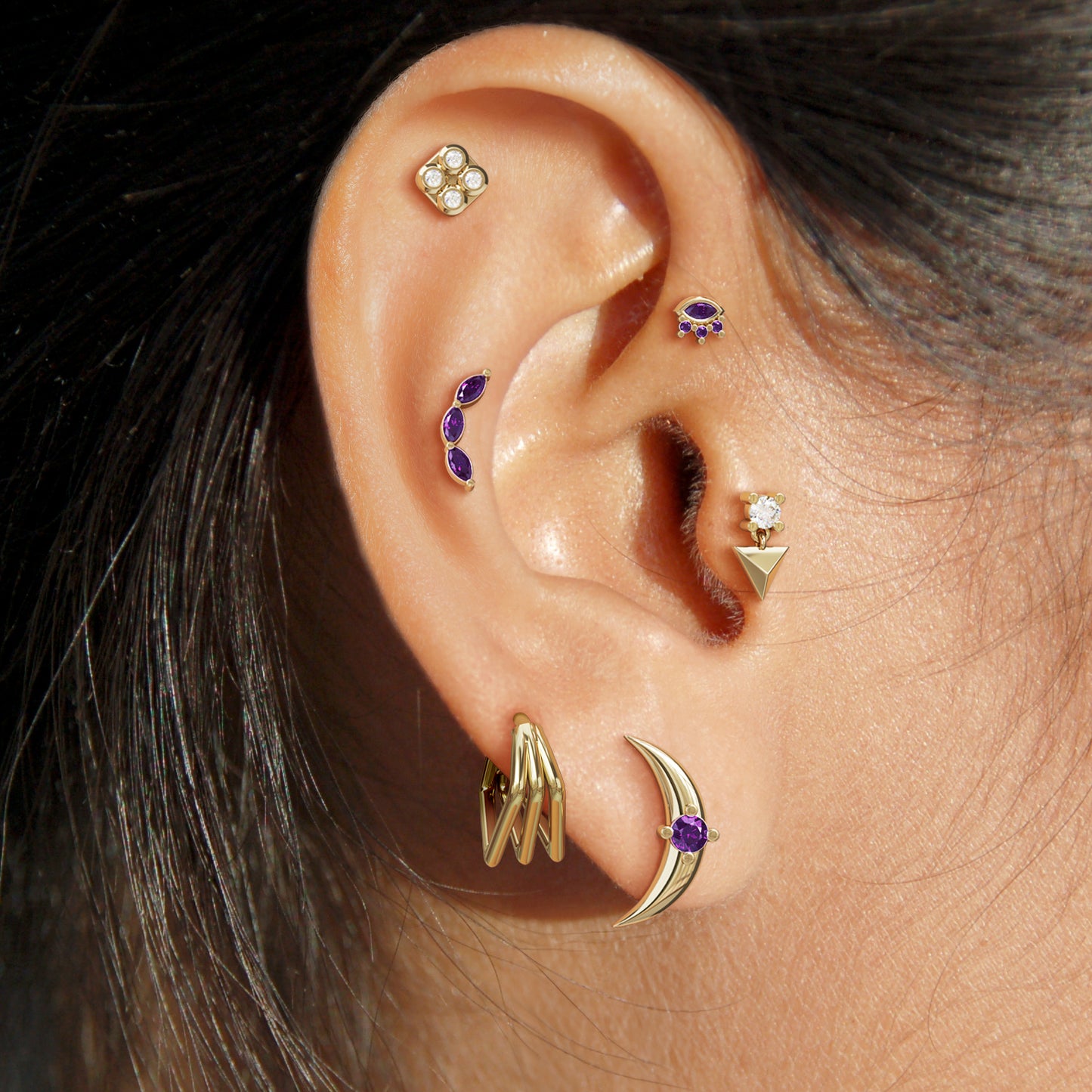 14K Gold Trio Marquise Amethyst Curved Threadless End