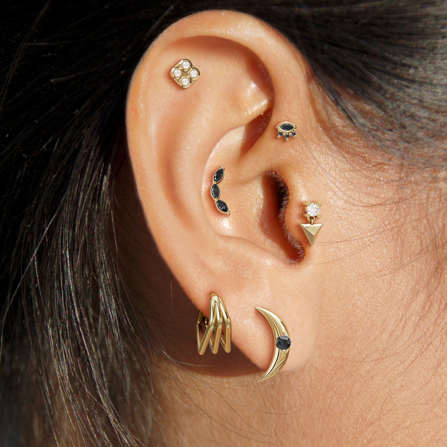 14K Gold Trio Marquise Black Diamond Curved Threadless End