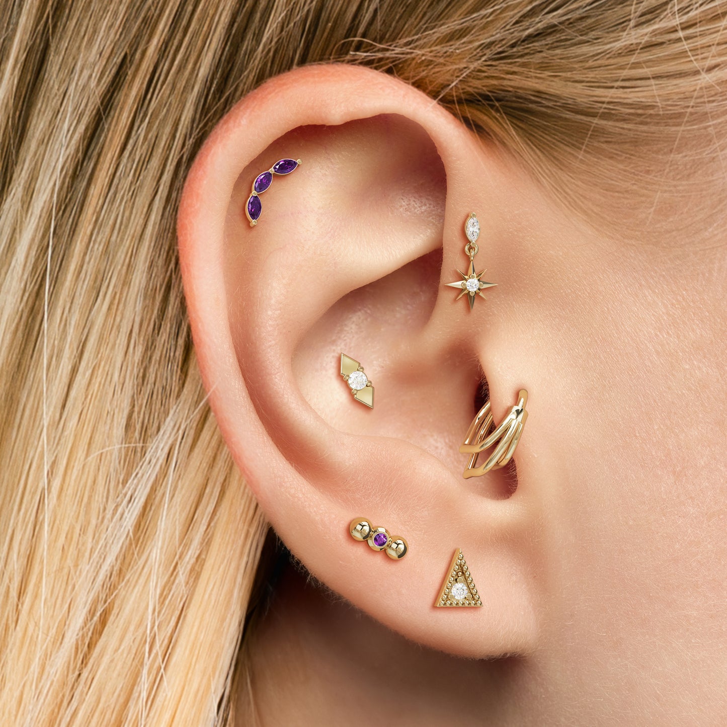14K Gold Trio Marquise Amethyst Curved Threadless End
