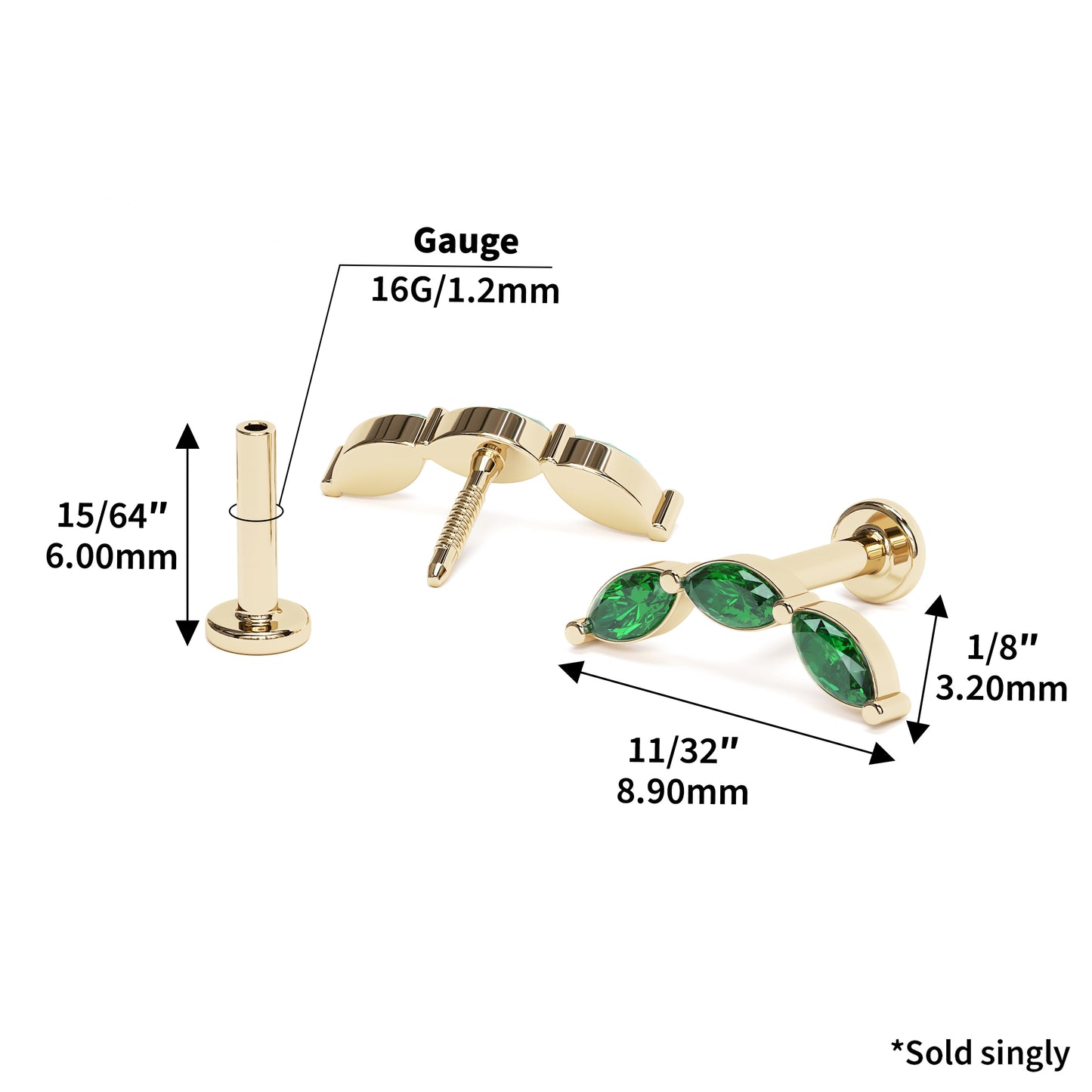 14K Gold Trio Marquise Emerald Curved Stud