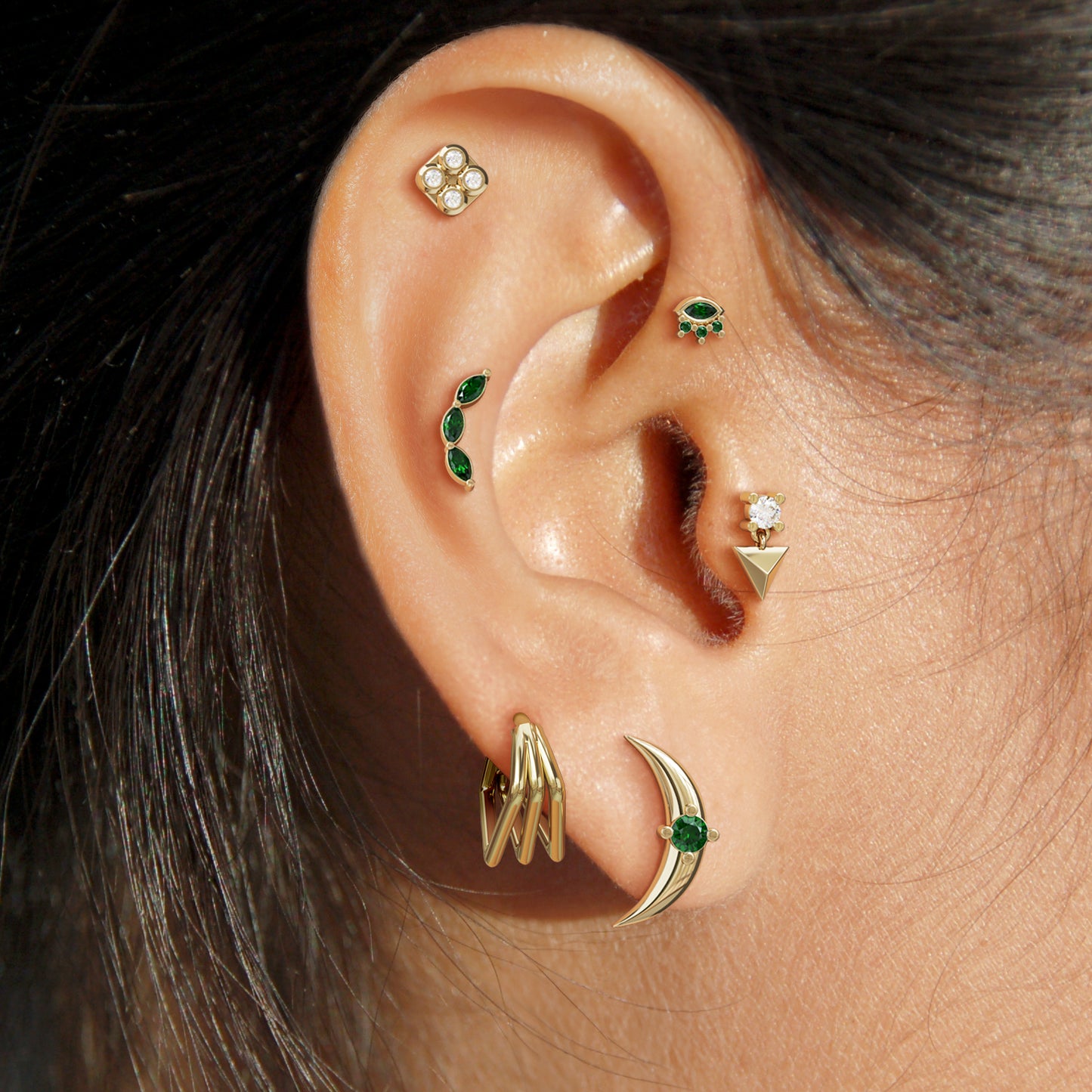14K Gold Trio Marquise Emerald Curved Stud