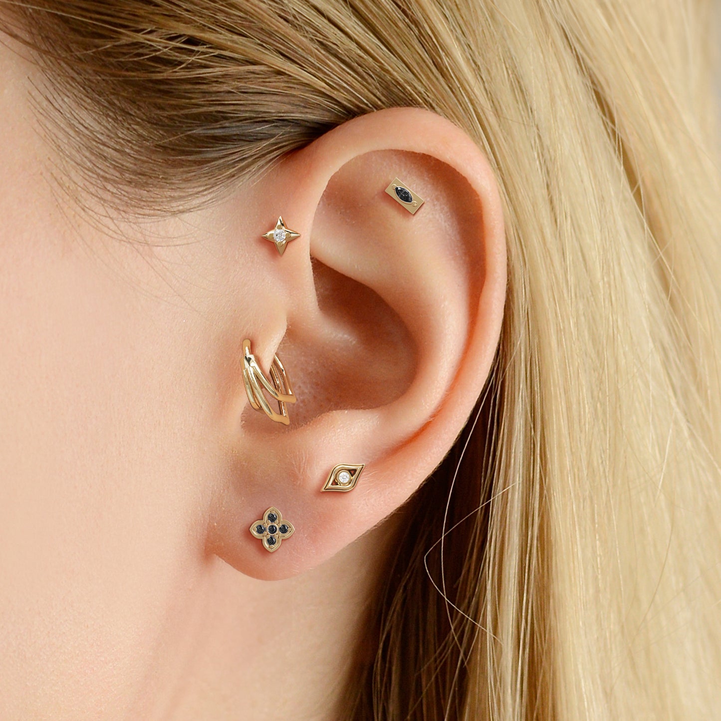 14K Gold Black Diamond Clover Threadless End