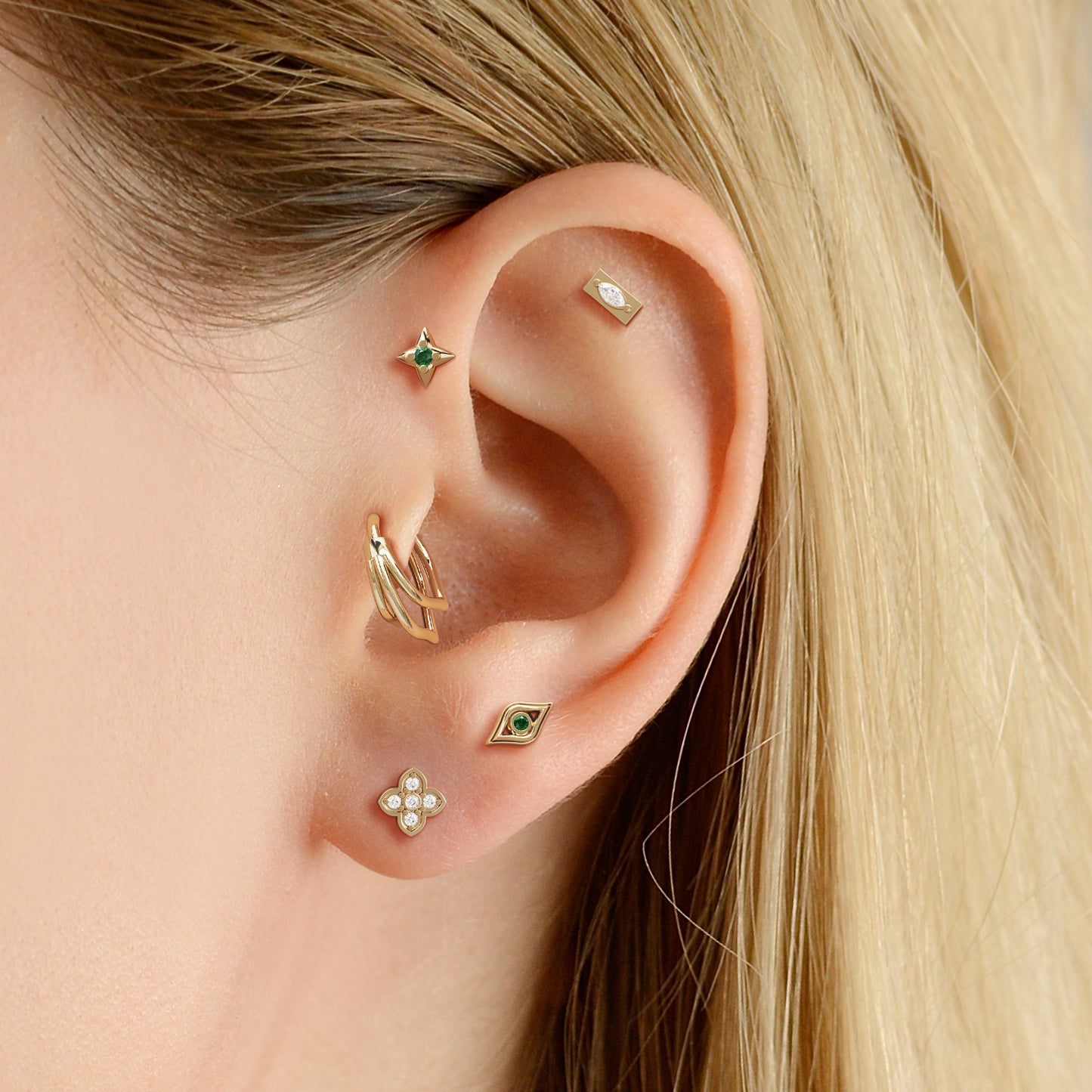 14K Gold Emerald Evil Eye Stud