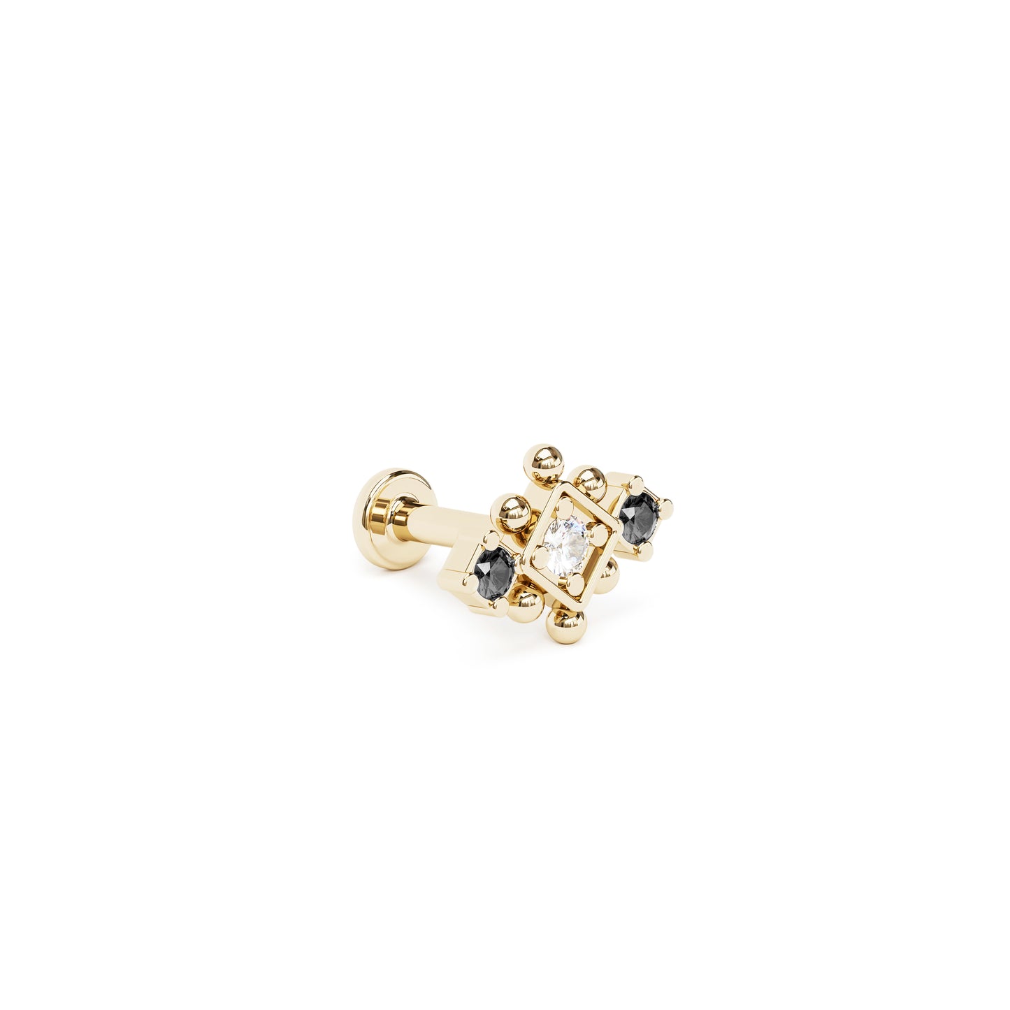 14K Gold Black and White Diamond Beaded Geometric Stud