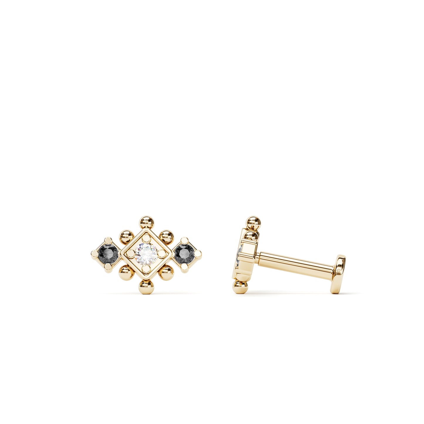 14K Gold Black and White Diamond Beaded Geometric Stud