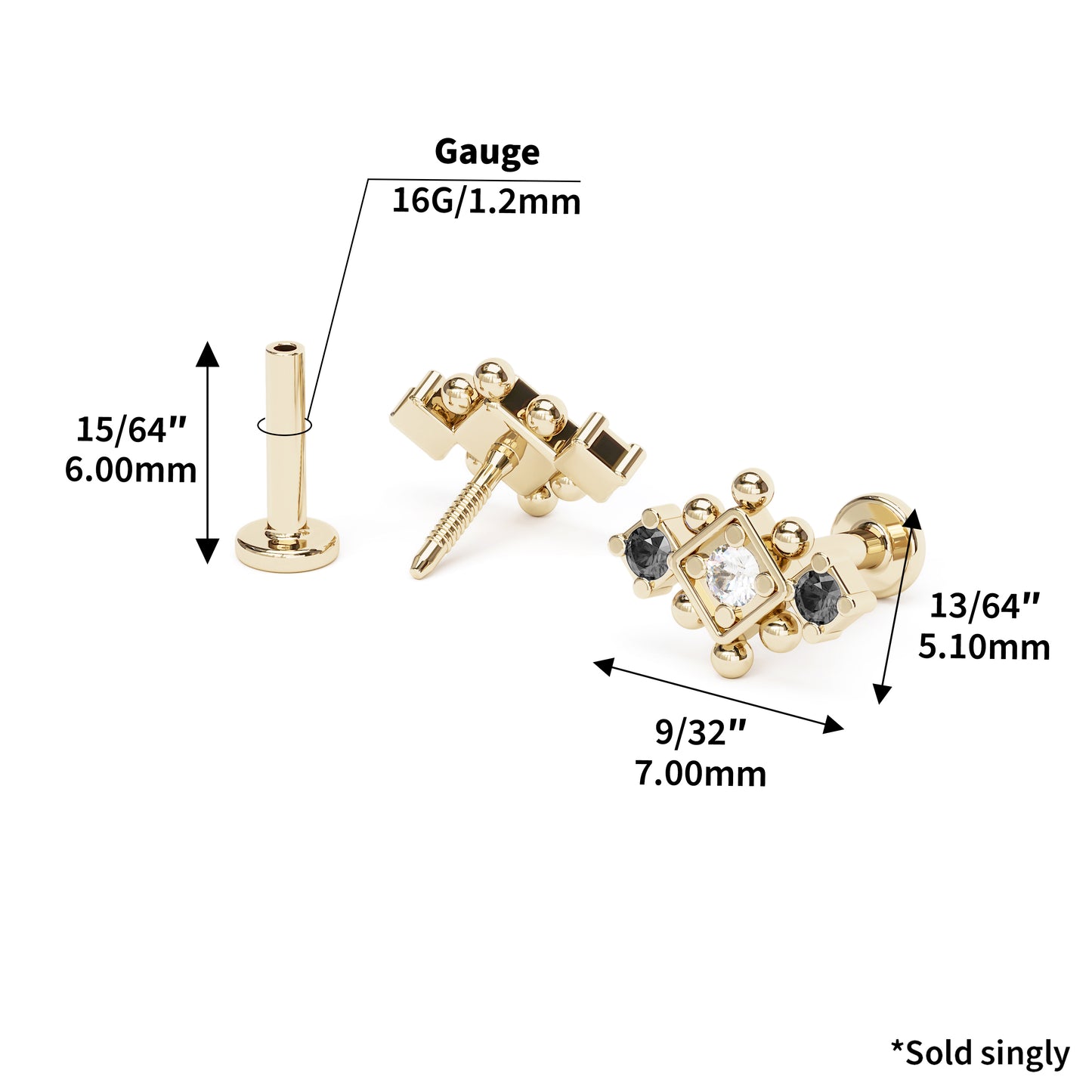 14K Gold Black and White Diamond Beaded Geometric Stud