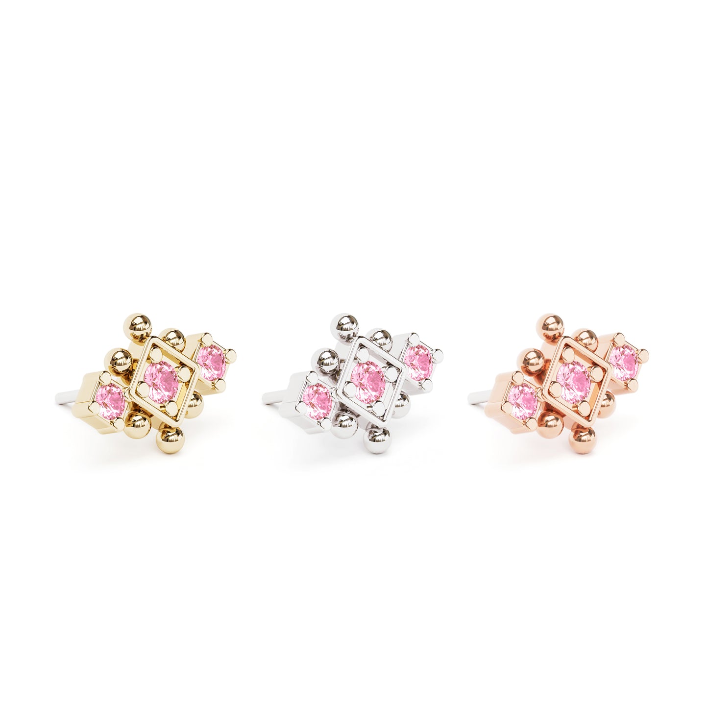 14K Gold Pink Tourmaline Beaded Geometric Threadless End