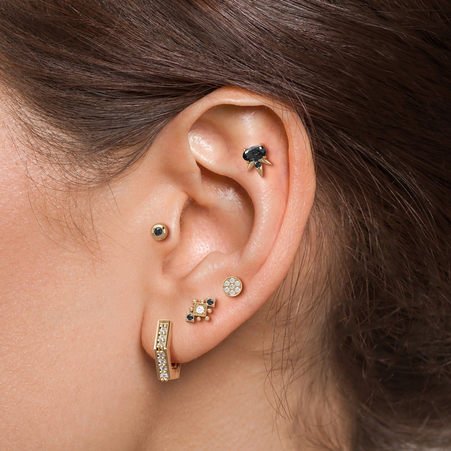 14K Gold Black and White Diamond Beaded Geometric Stud