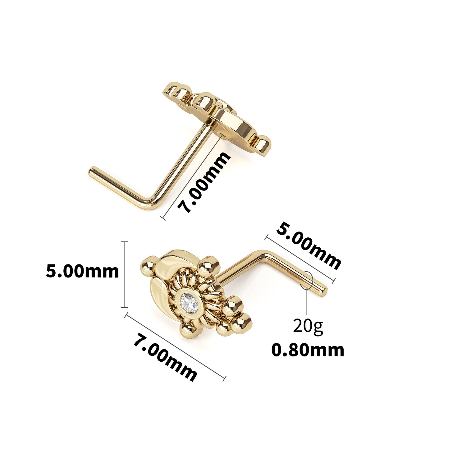 Solid Gold Diamond Indian L-Shape Nose Stud