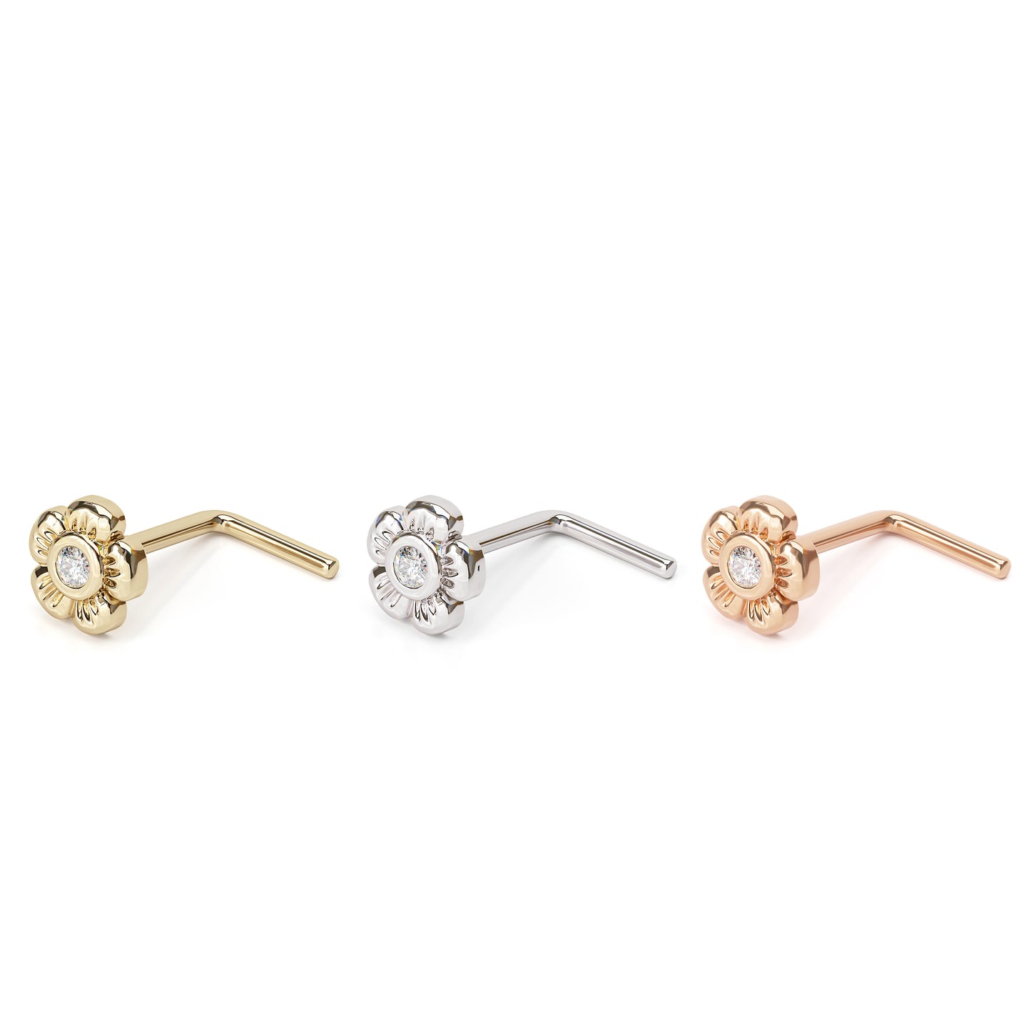 Solid Gold Diamond Flower L-Shape Nose Stud
