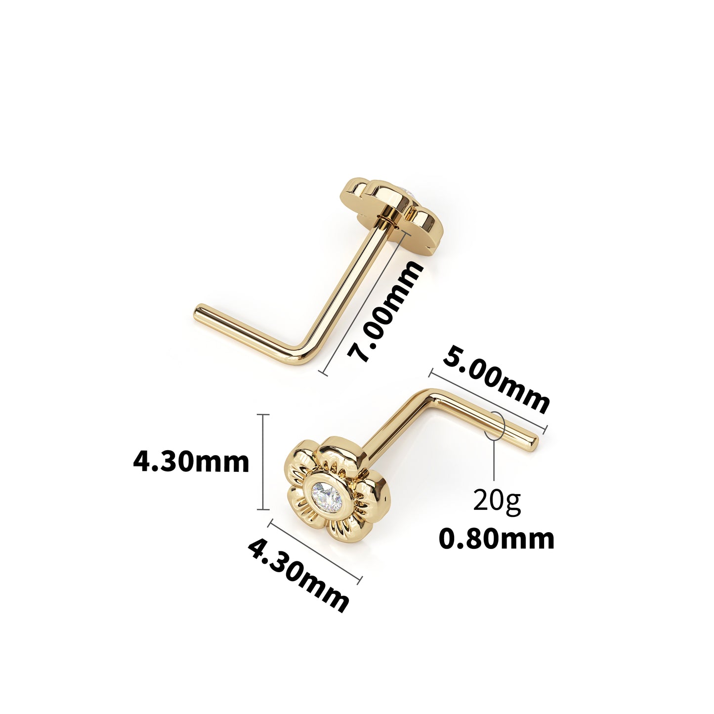 Solid Gold Diamond Flower L-Shape Nose Stud