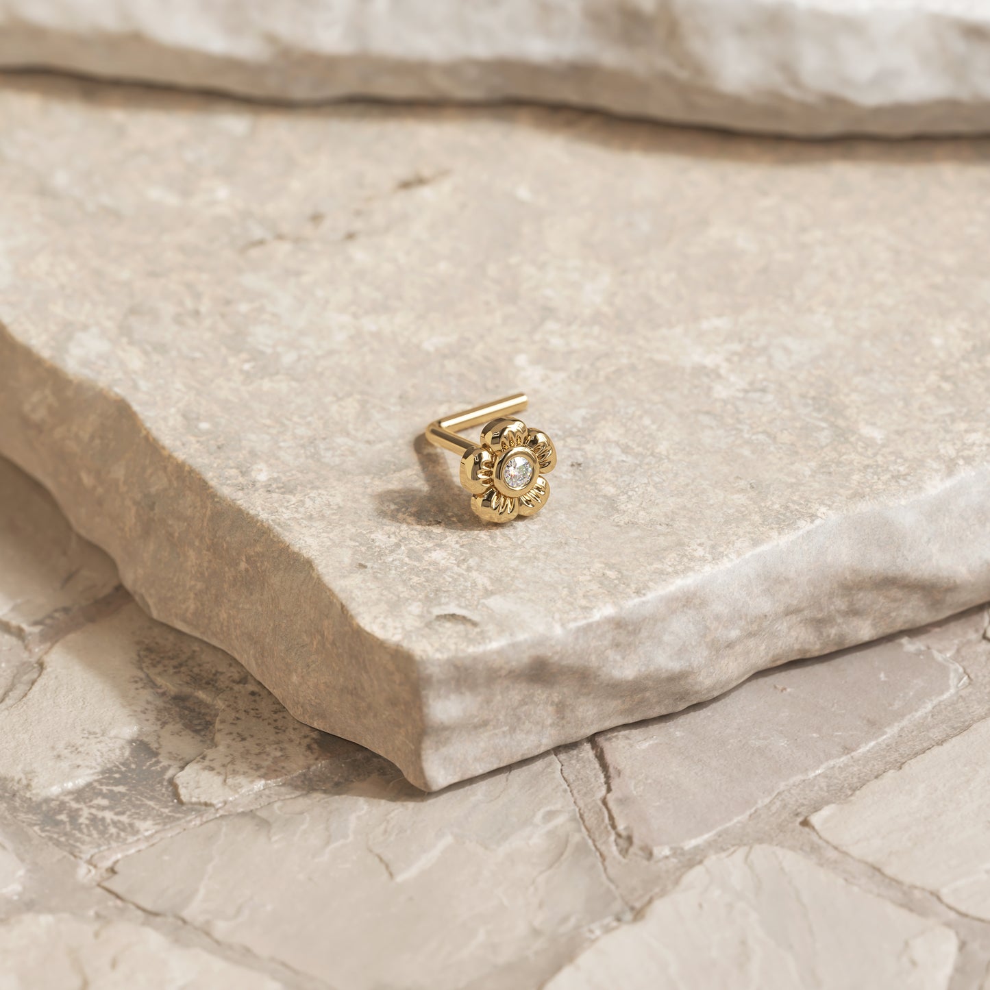 Solid Gold Diamond Flower L-Shape Nose Stud