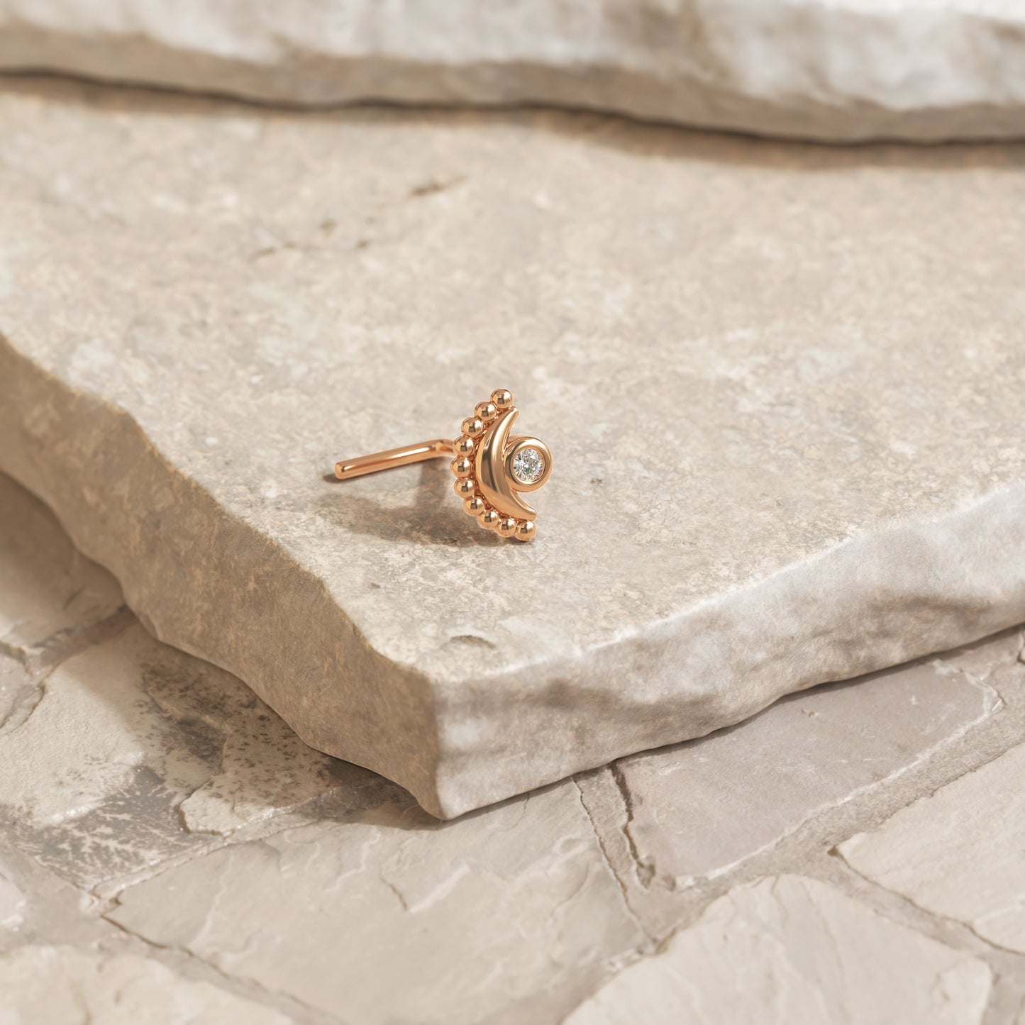 Solid Gold Diamond Moon L-Shape Nose Stud