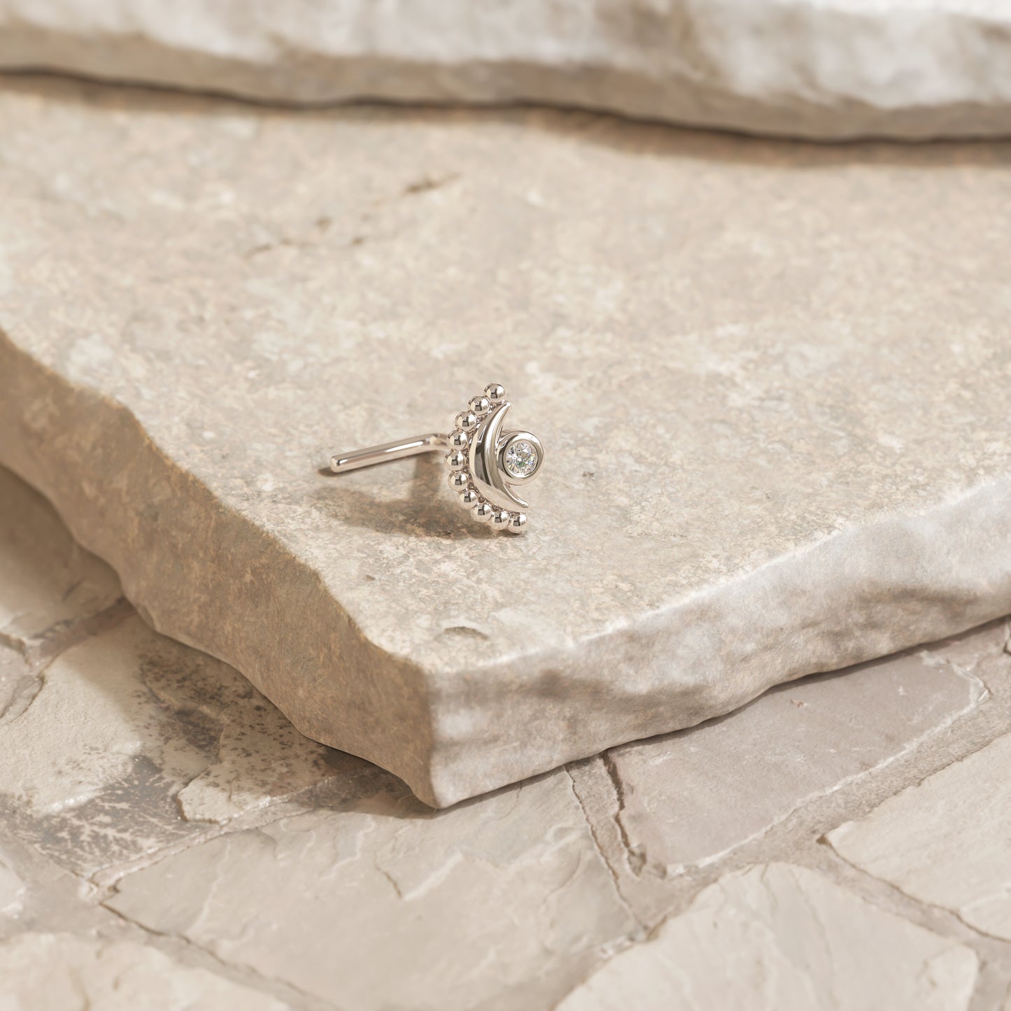 Solid Gold Diamond Moon L-Shape Nose Stud