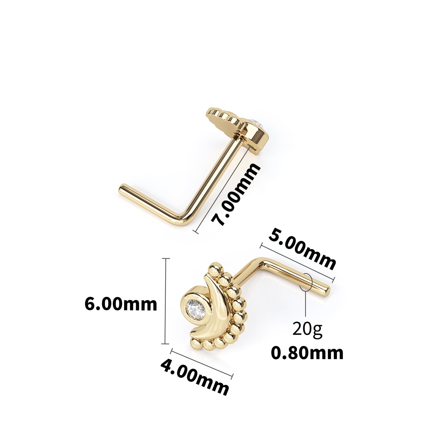 Solid Gold Diamond Moon L-Shape Nose Stud