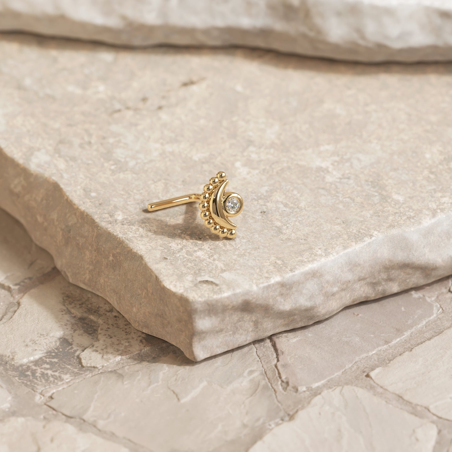 Solid Gold Diamond Moon L-Shape Nose Stud