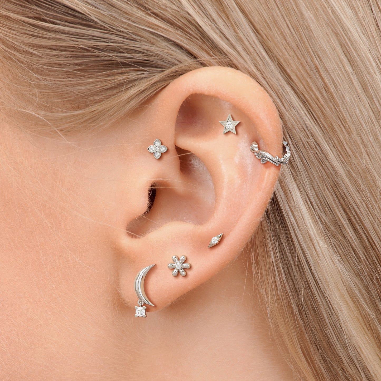 14K Gold Crescent Moon Diamond Dangle Threadless End